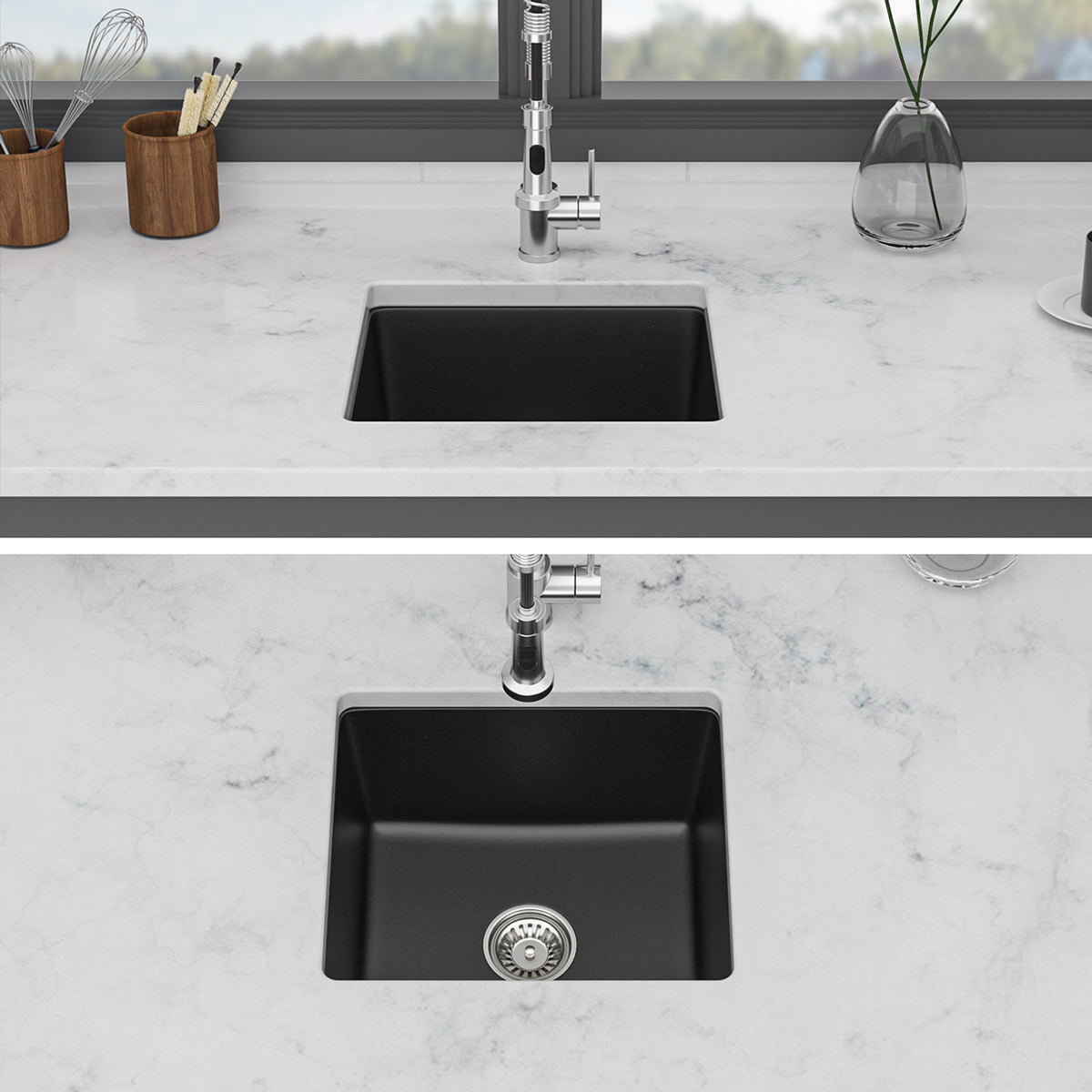 Black Quartz Composite Undermount Bar Sink, Single Bowl Granite Composite Prep Sink with Rear Drain