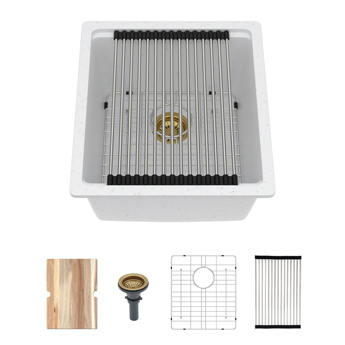 17 in. x 19 in. White Quartz Composite Undermount Workstation Bar Sink, Single Bowl Prep Sink with Cutting Board & Bottom Grid