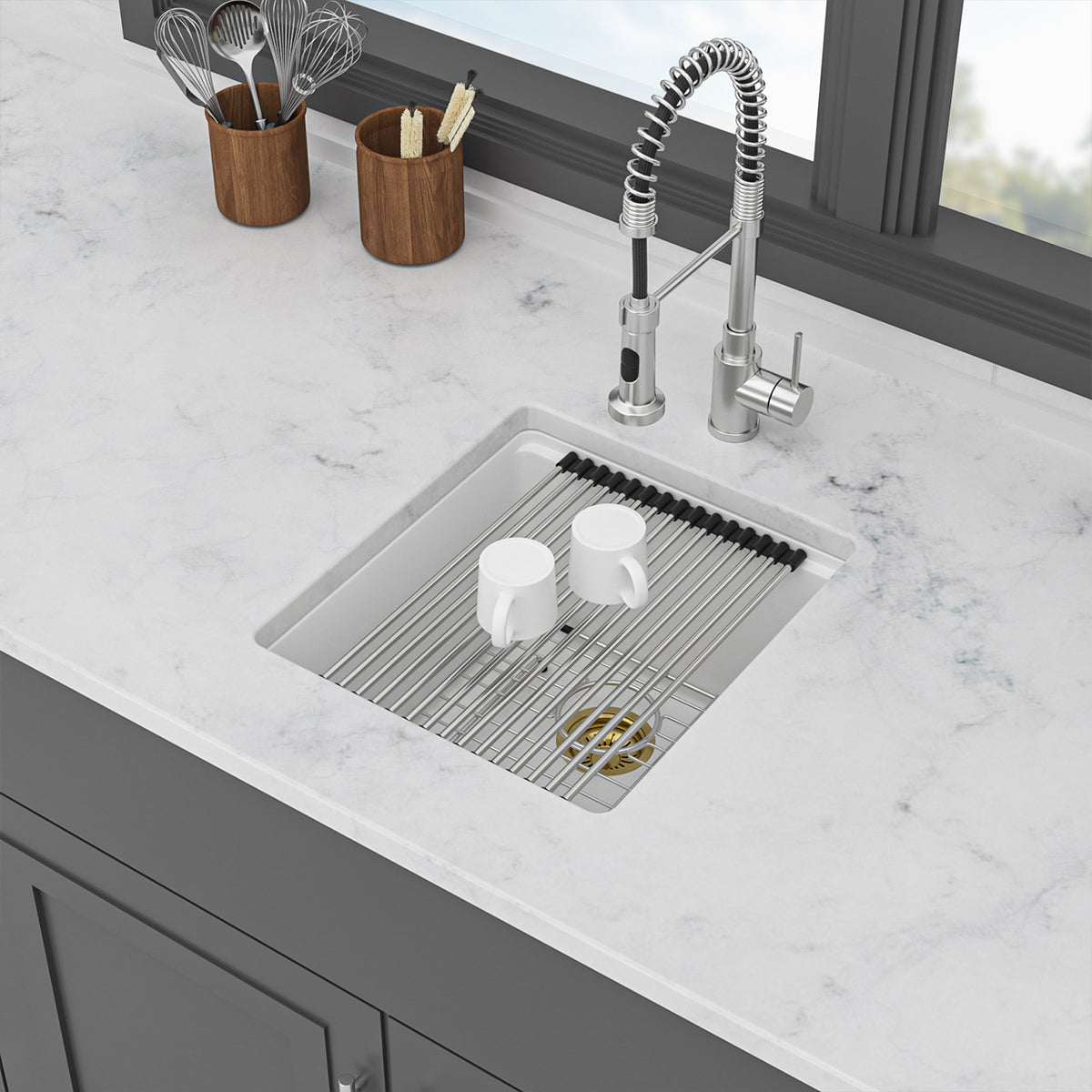 17 in. x 19 in. White Quartz Composite Undermount Workstation Bar Sink, Single Bowl Prep Sink with Cutting Board & Bottom Grid