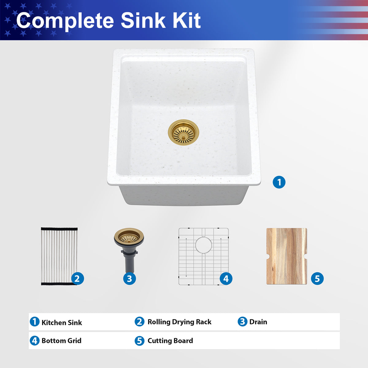 17 in. x 19 in. White Quartz Composite Undermount Workstation Bar Sink, Single Bowl Prep Sink with Cutting Board & Bottom Grid