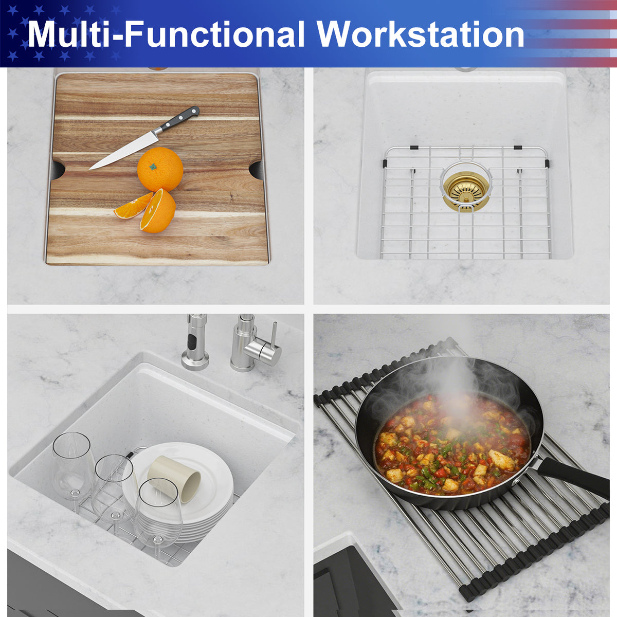 17 in. x 19 in. White Quartz Composite Undermount Workstation Bar Sink, Single Bowl Prep Sink with Cutting Board & Bottom Grid