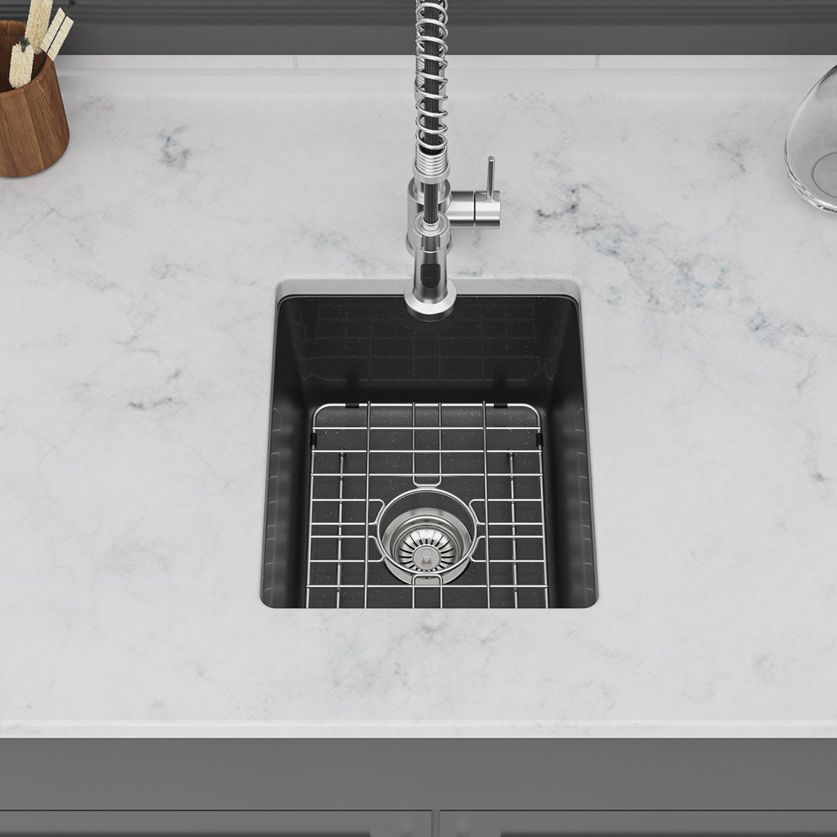 Black Quartz Composite Undermount Kitchen Sink, Single Bowl Granite Composite Prep Sink