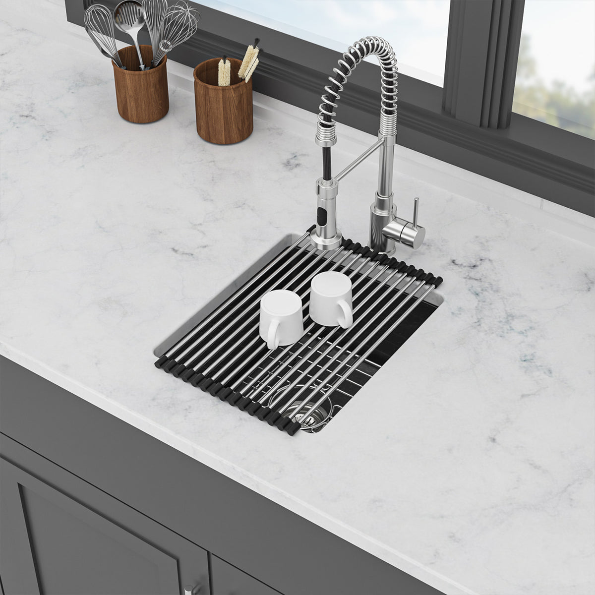 Black Quartz Composite Undermount Kitchen Sink, Single Bowl Granite Composite Prep Sink