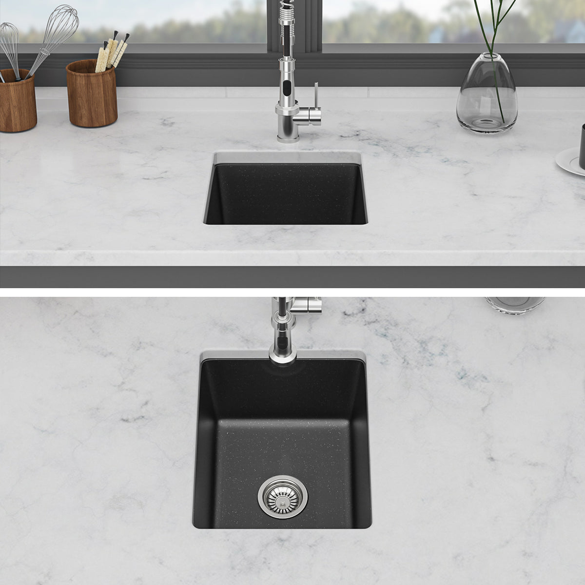Black Quartz Composite Undermount Kitchen Sink, Single Bowl Granite Composite Prep Sink