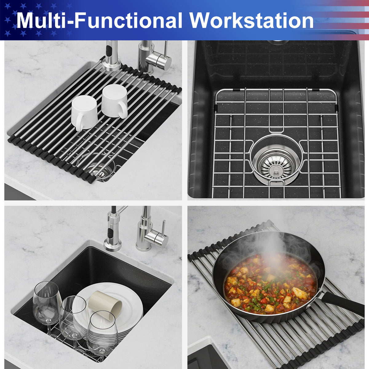 Black Quartz Composite Undermount Kitchen Sink, Single Bowl Granite Composite Prep Sink