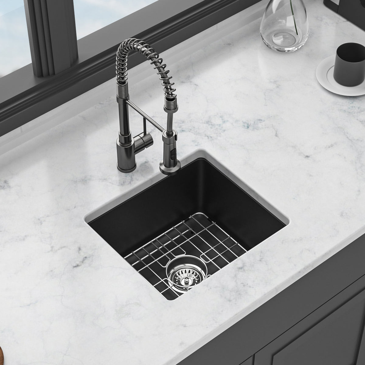 Black Quartz Composite Undermount Kitchen Sink, Single Bowl Granite Composite Prep Sink