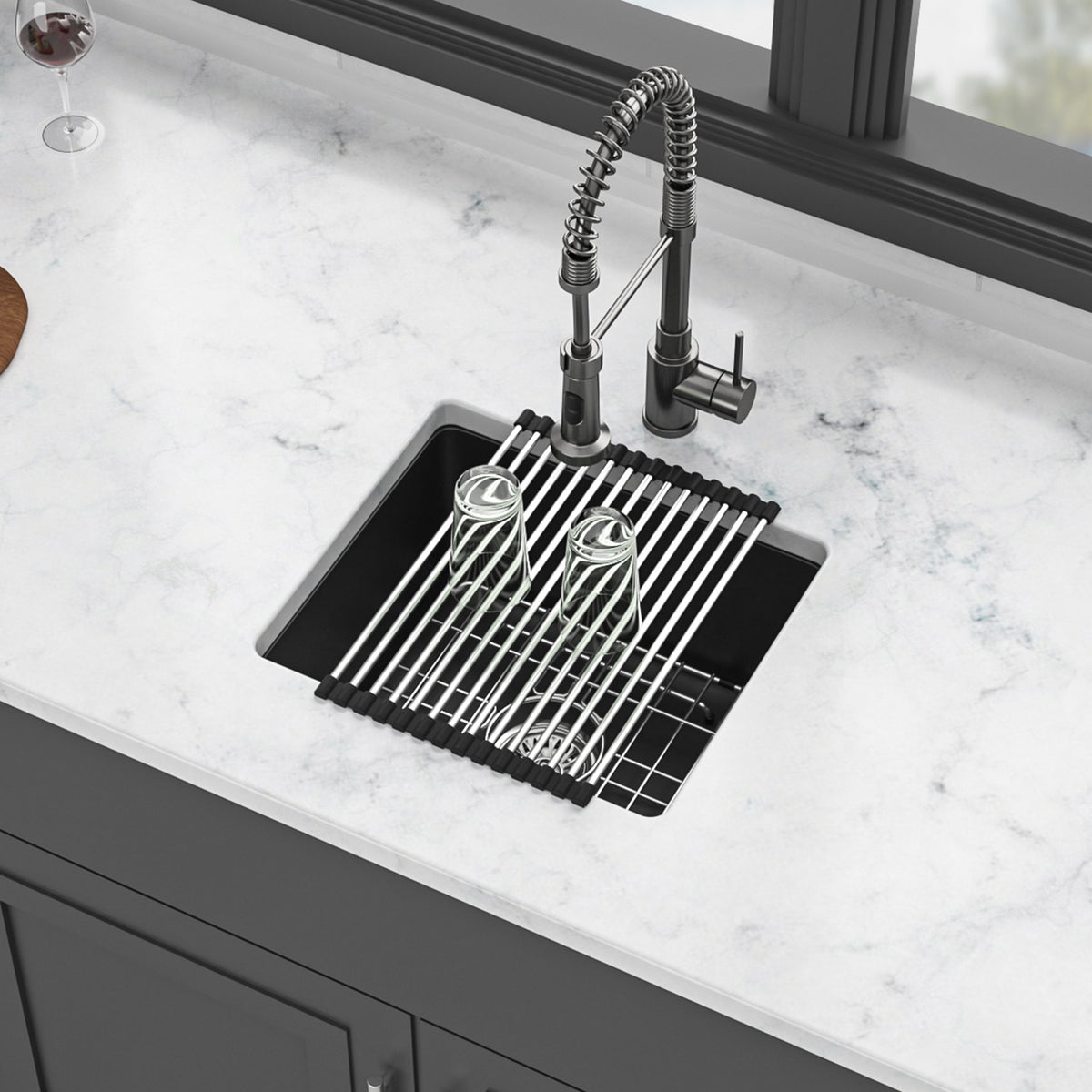 Black Quartz Composite Undermount Kitchen Sink, Single Bowl Granite Composite Prep Sink