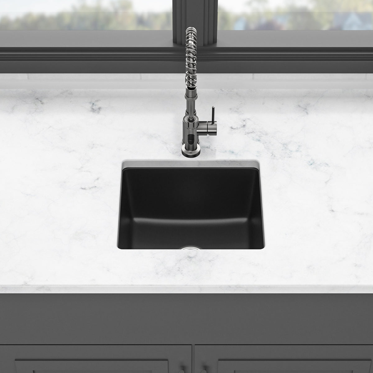 Black Quartz Composite Undermount Kitchen Sink, Single Bowl Granite Composite Prep Sink