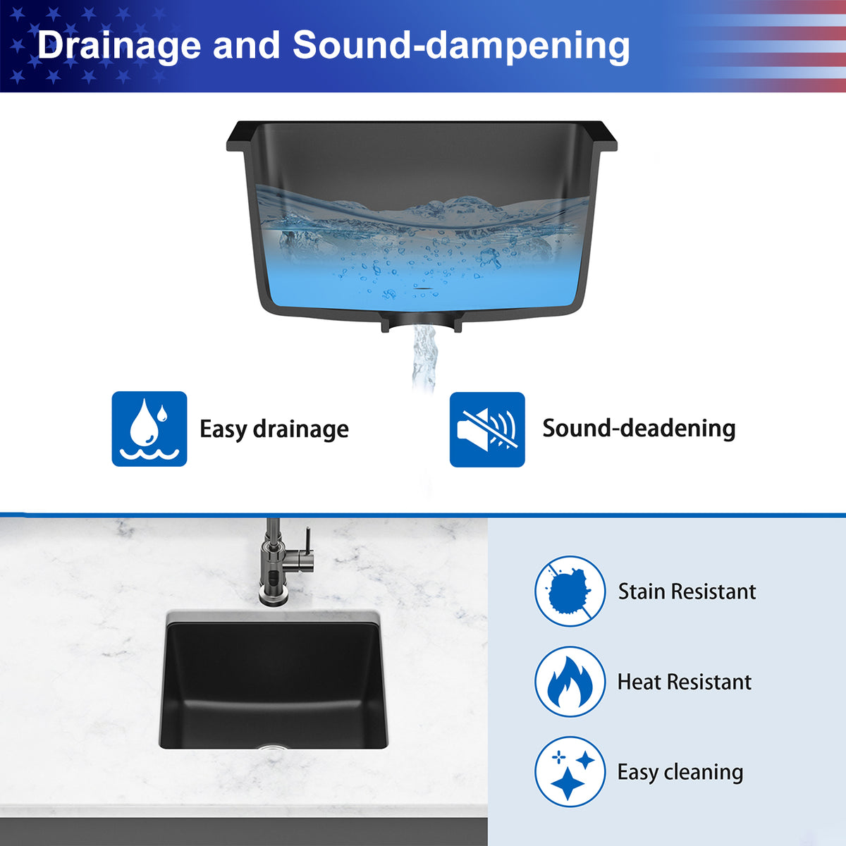 Black Quartz Composite Undermount Kitchen Sink, Single Bowl Granite Composite Prep Sink