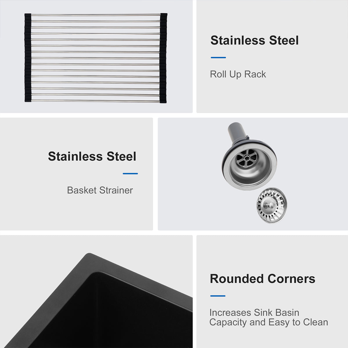 Black Quartz Composite Undermount Kitchen Sink, Single Bowl Granite Composite Prep Sink