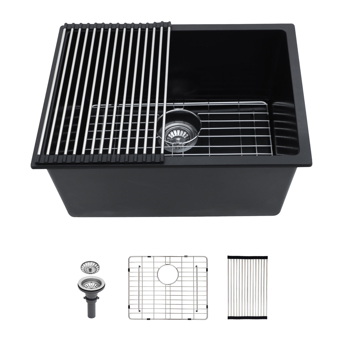 24 in. x 18 in. Black Quartz Composite Undermount Laundry Utility Sink, 12 in. Deep Single Bowl with Rear Drain