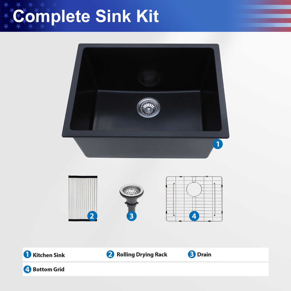 24 in. x 18 in. Black Quartz Composite Undermount Laundry Utility Sink, 12 in. Deep Single Bowl with Rear Drain