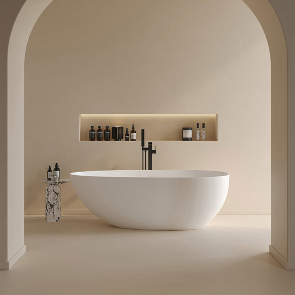 59" Egg Shaped Solid Surface Soaking Bathtub with Overflow