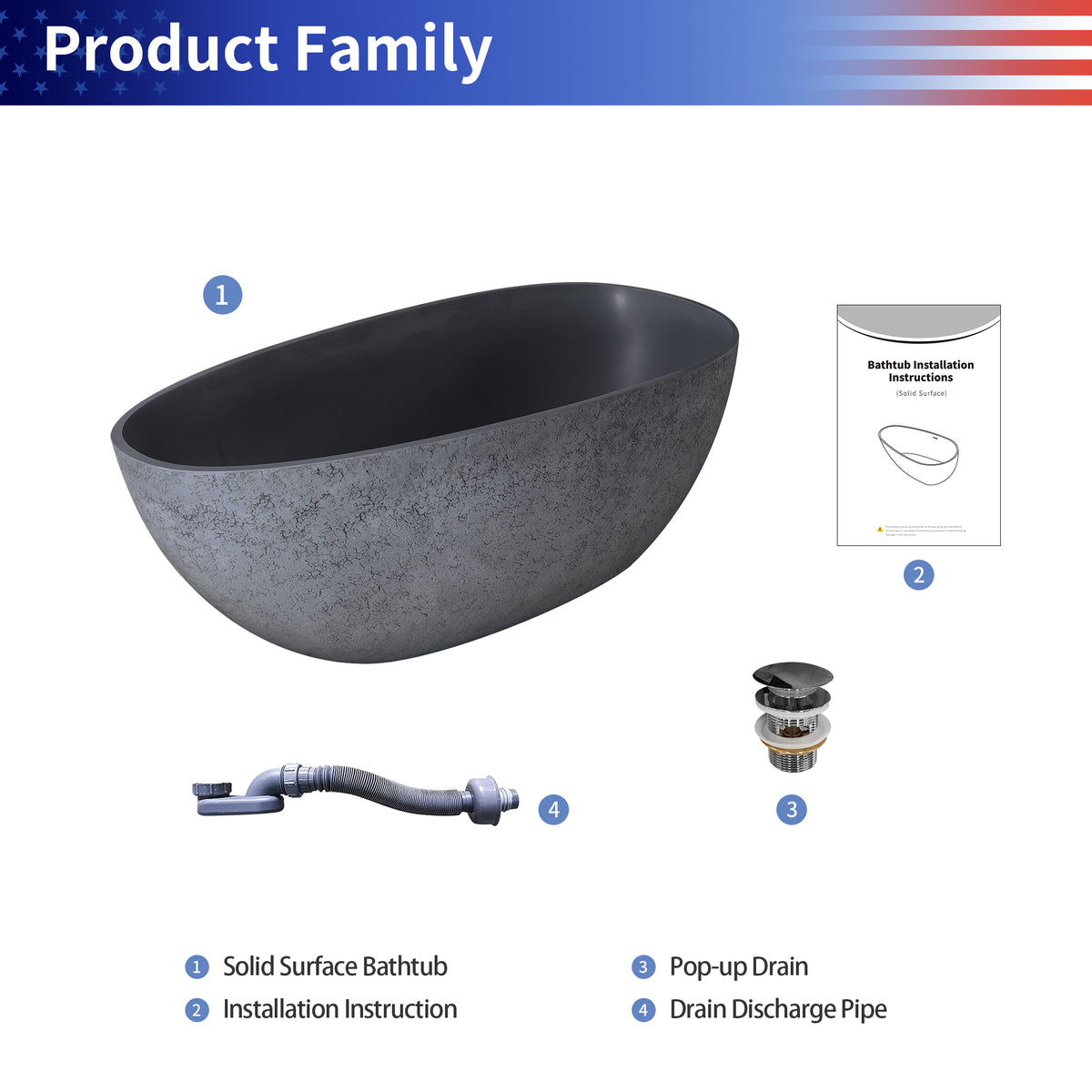 65" Egg Shaped Solid Surface Freestanding Soaking Bathtub