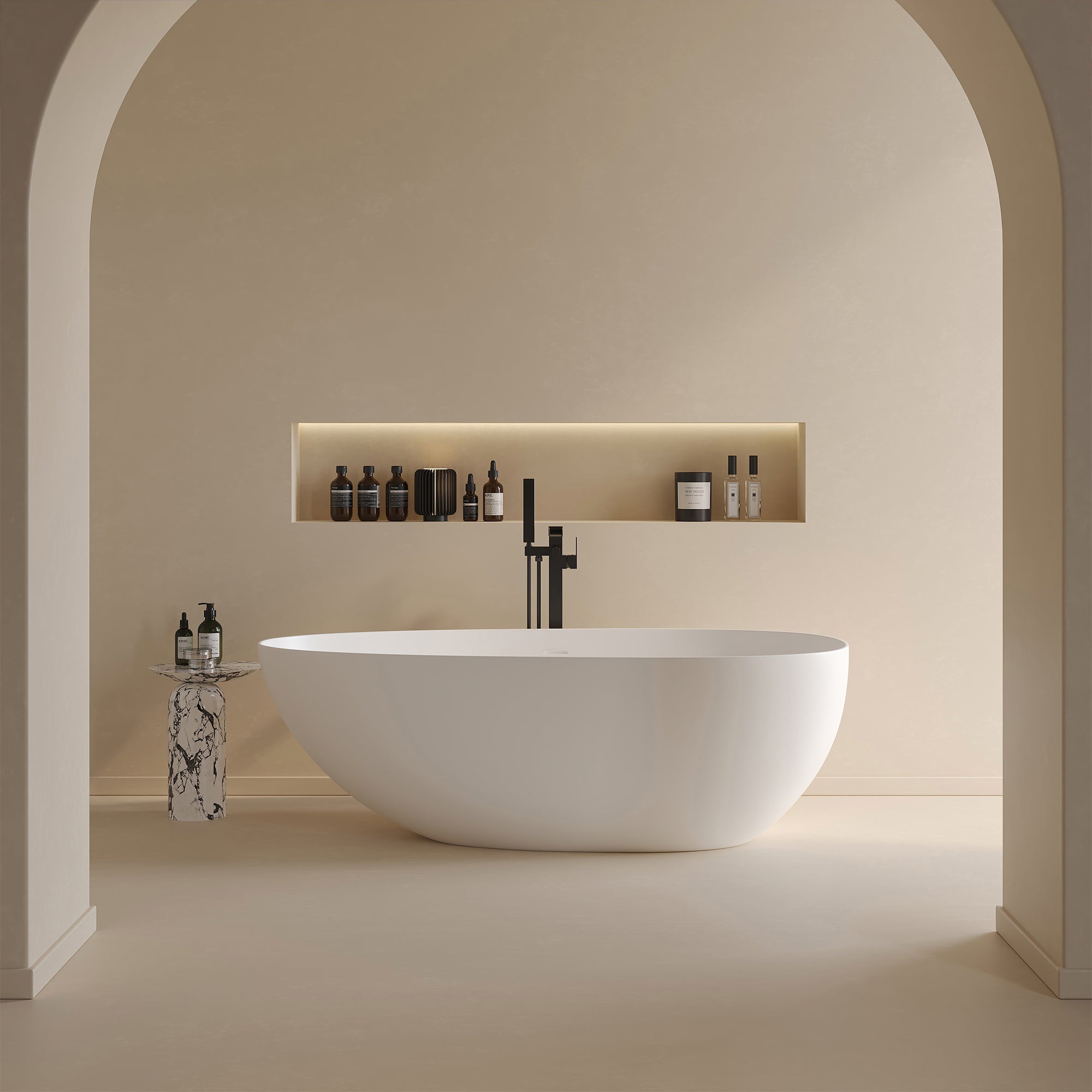 67" Egg Shaped Solid Surface Soaking Bathtub with Overflow