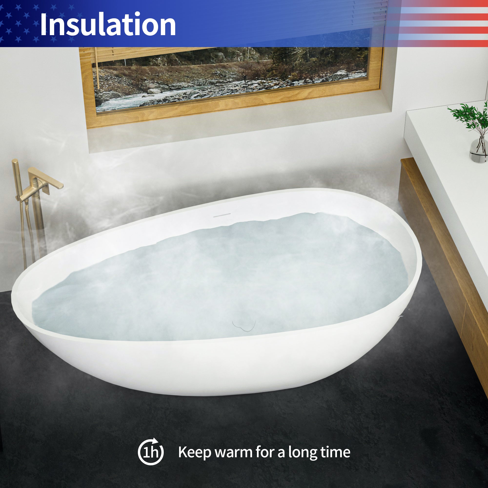 67" Egg Shaped Solid Surface Soaking Bathtub with Overflow