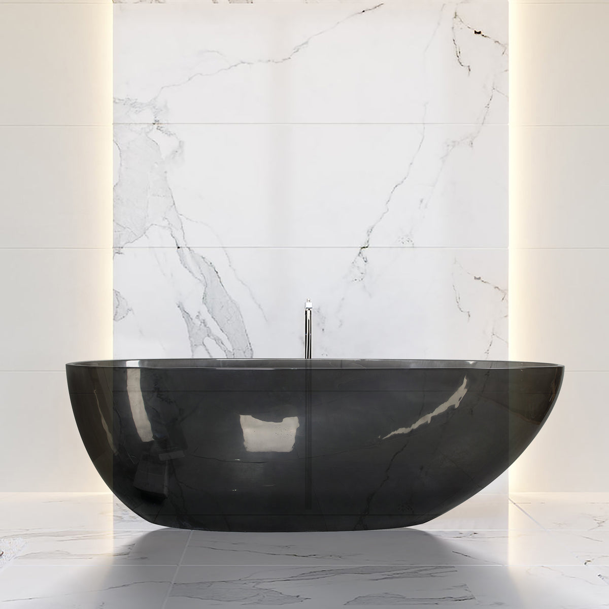 RAINLEX 67 in. Egg-Shaped Solid Surface Freestanding Soaking Bathtub in Translucent Black