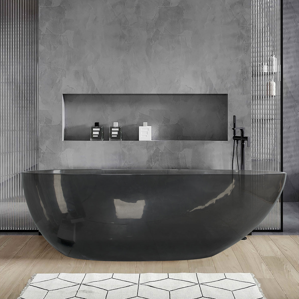 RAINLEX 67 in. Egg-Shaped Solid Surface Freestanding Soaking Bathtub in Translucent Black
