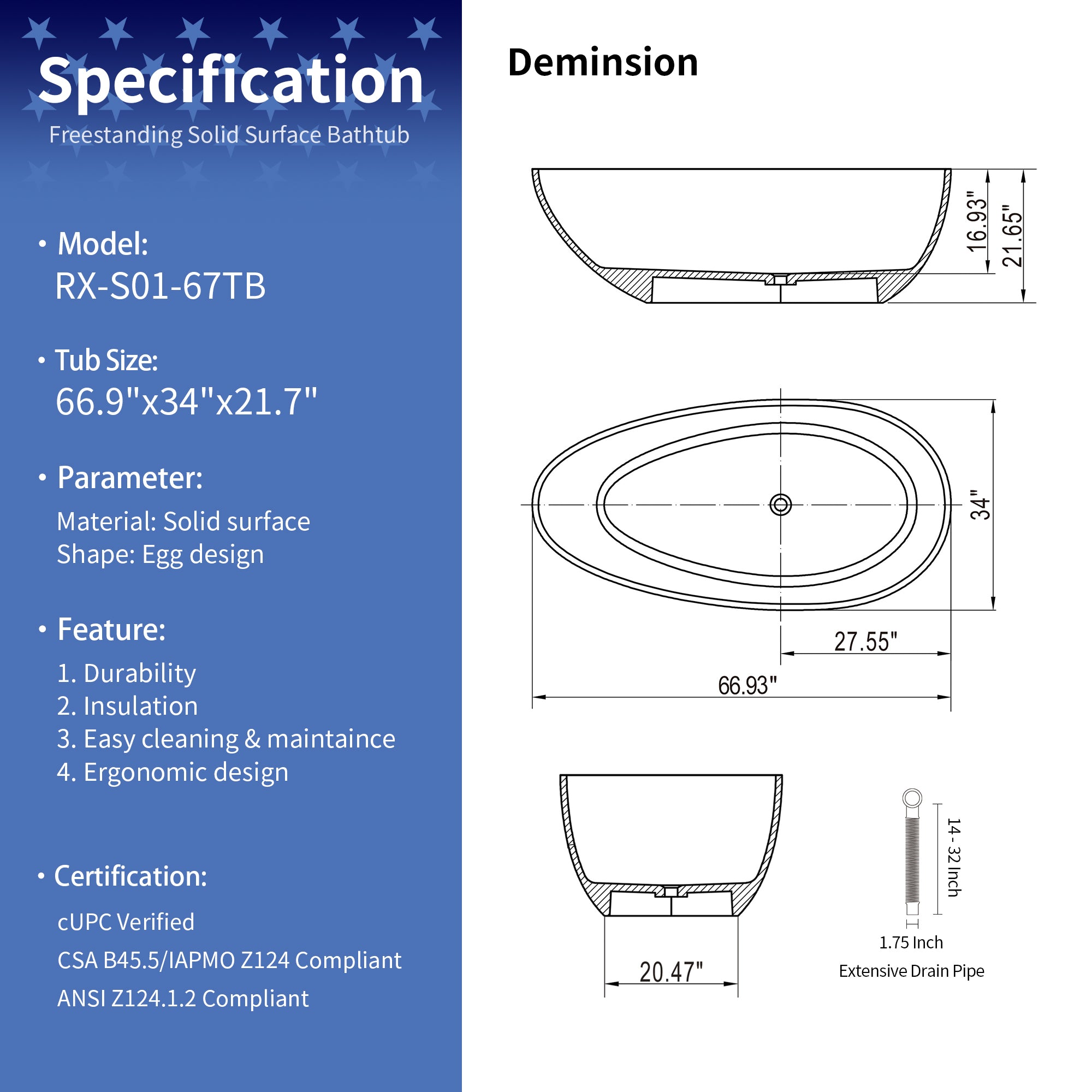 Baignoire autoportante en forme d'œuf de 67 po en surface solide en noir translucide RX-S01-67TB