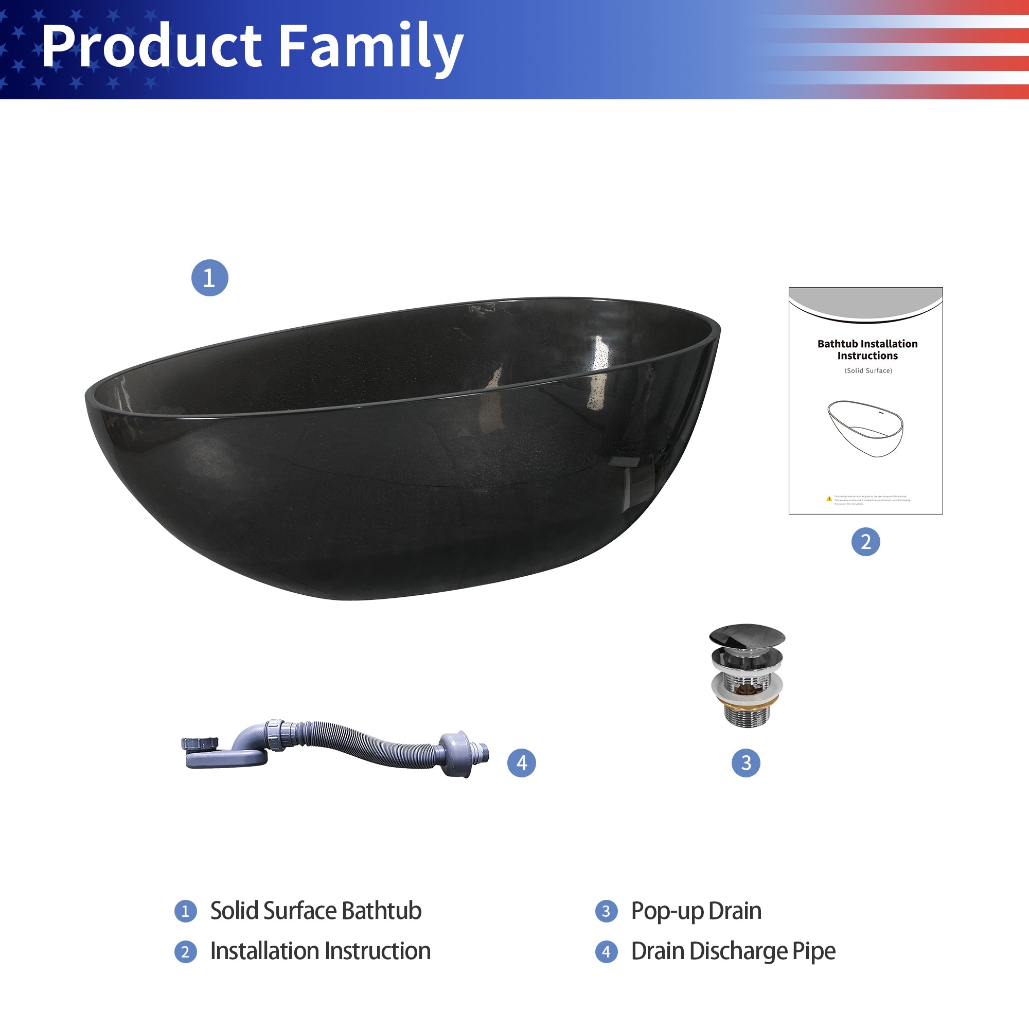 Baignoire autoportante en forme d'œuf de 67 po en surface solide en noir translucide RX-S01-67TB