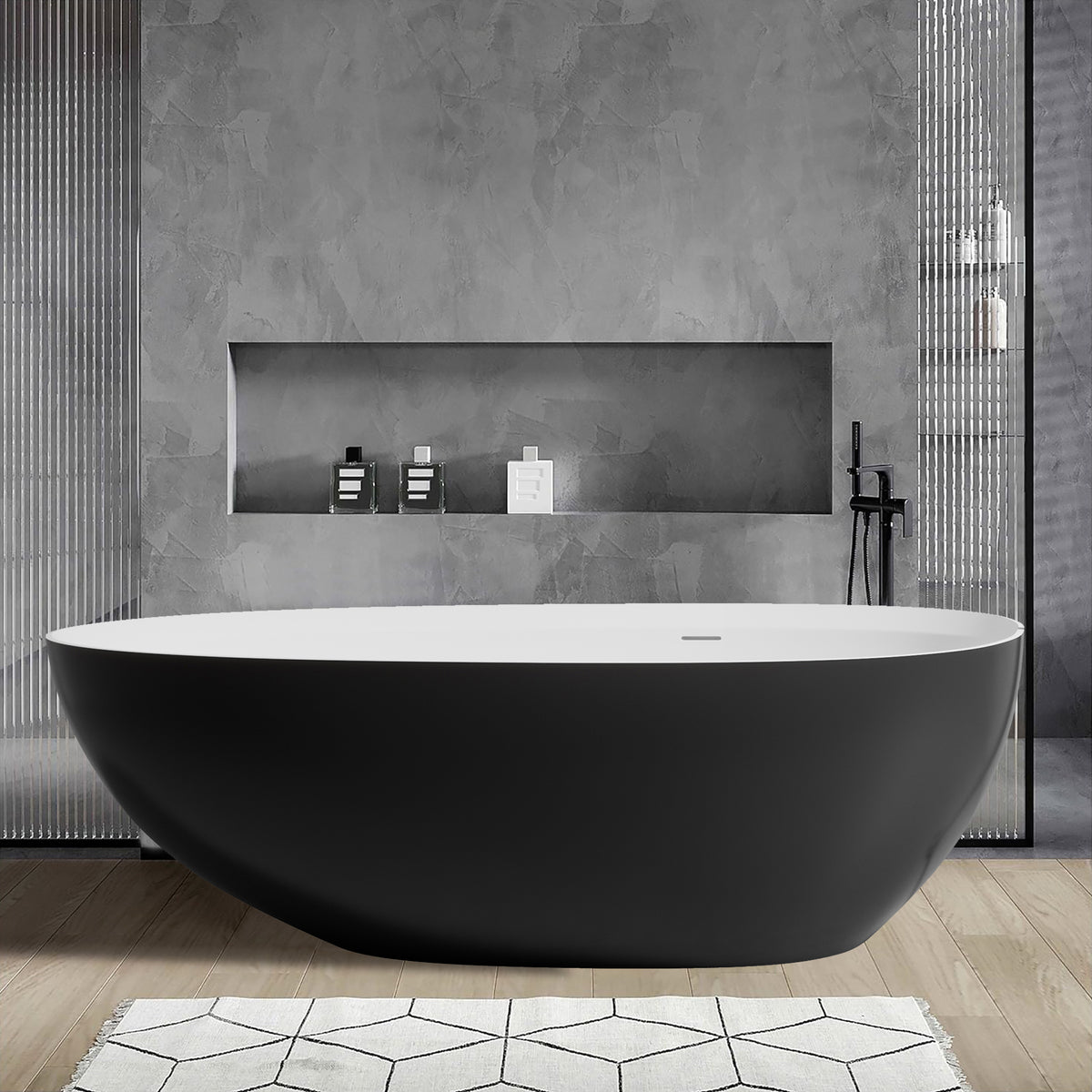 RAINLEX 71 in. Egg-Shaped Solid Surface Freestanding Soaking Bathtub in Black & White