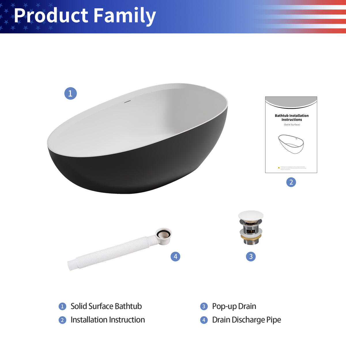 RAINLEX 71 in. Egg-Shaped Solid Surface Freestanding Soaking Bathtub in Black & White