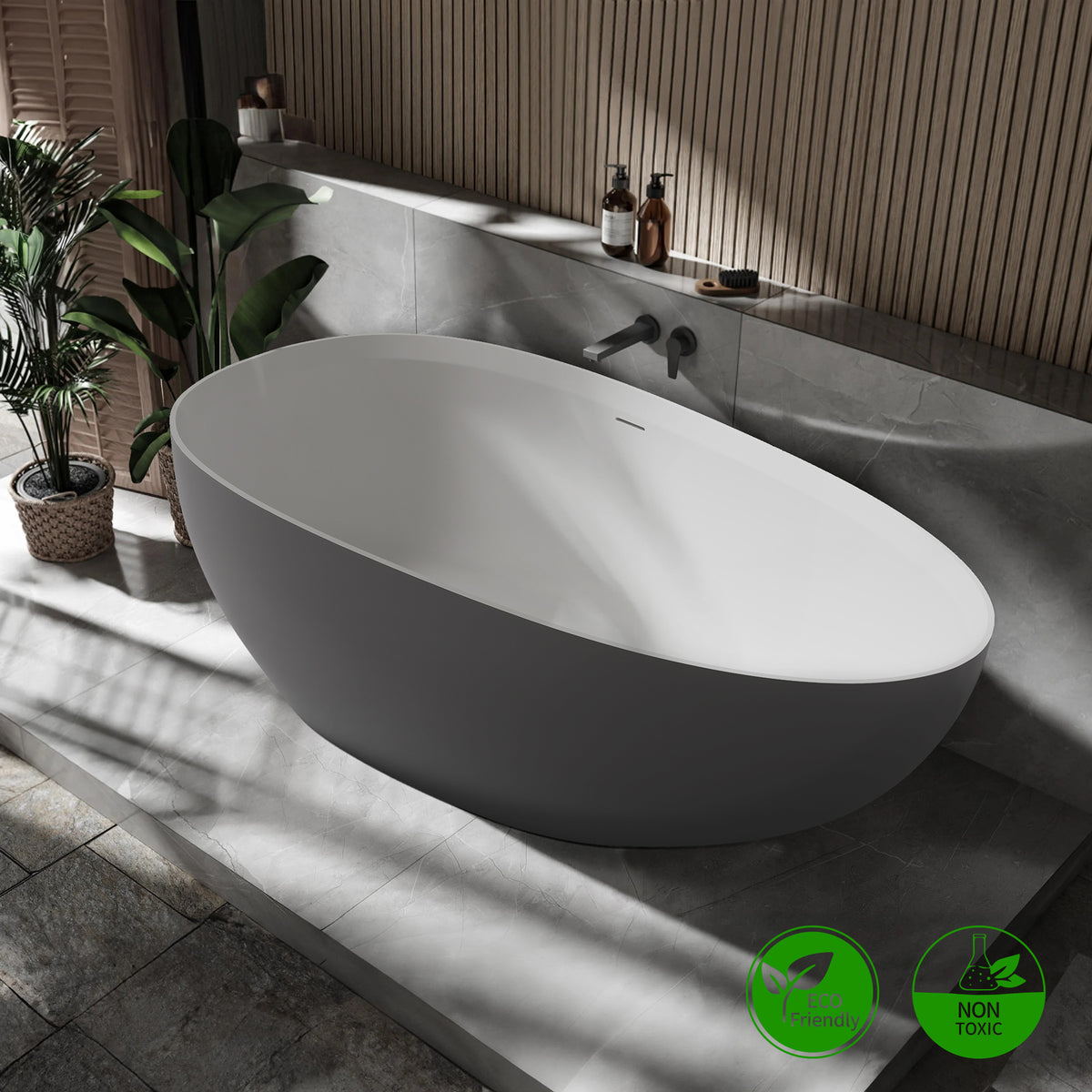 RAINLEX 71 in. Egg-Shaped Solid Surface Freestanding Soaking Bathtub