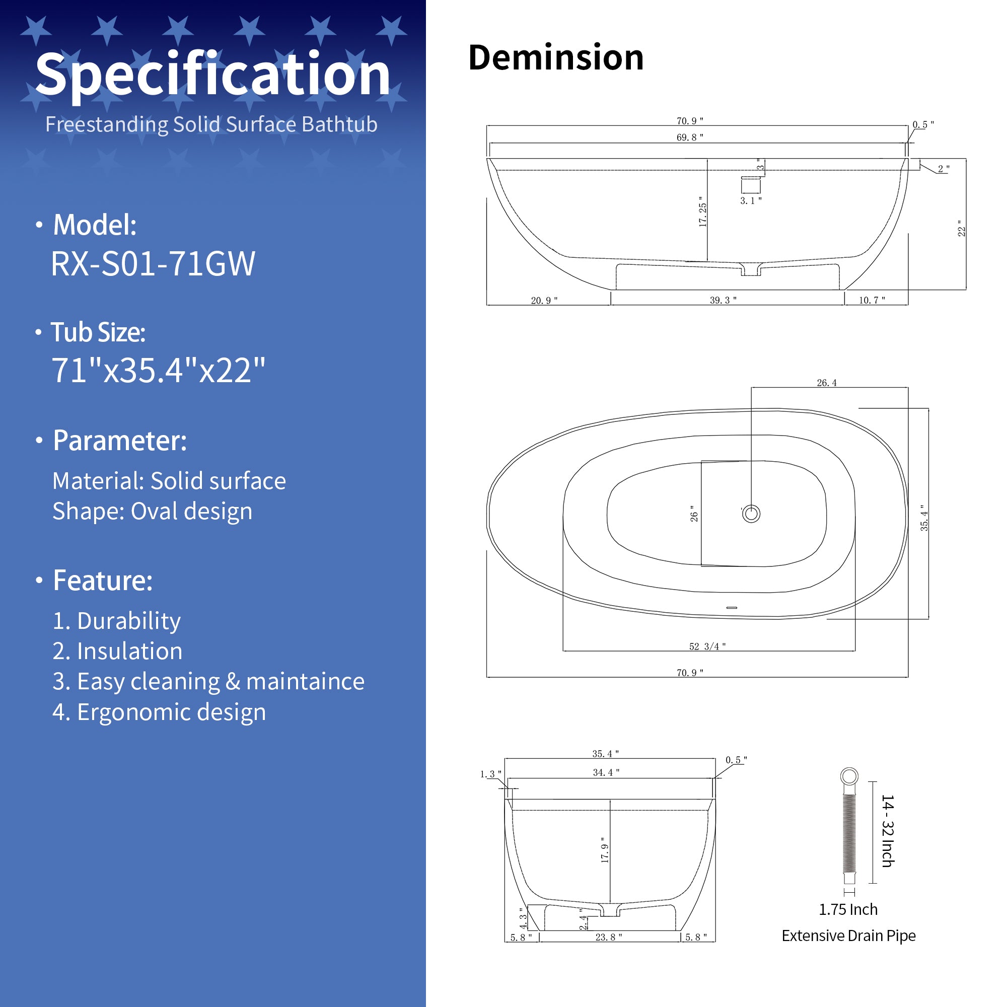 Baignoire autoportante en forme d'œuf de 71 po avec surface solide et trop-plein RX-S01-71GW