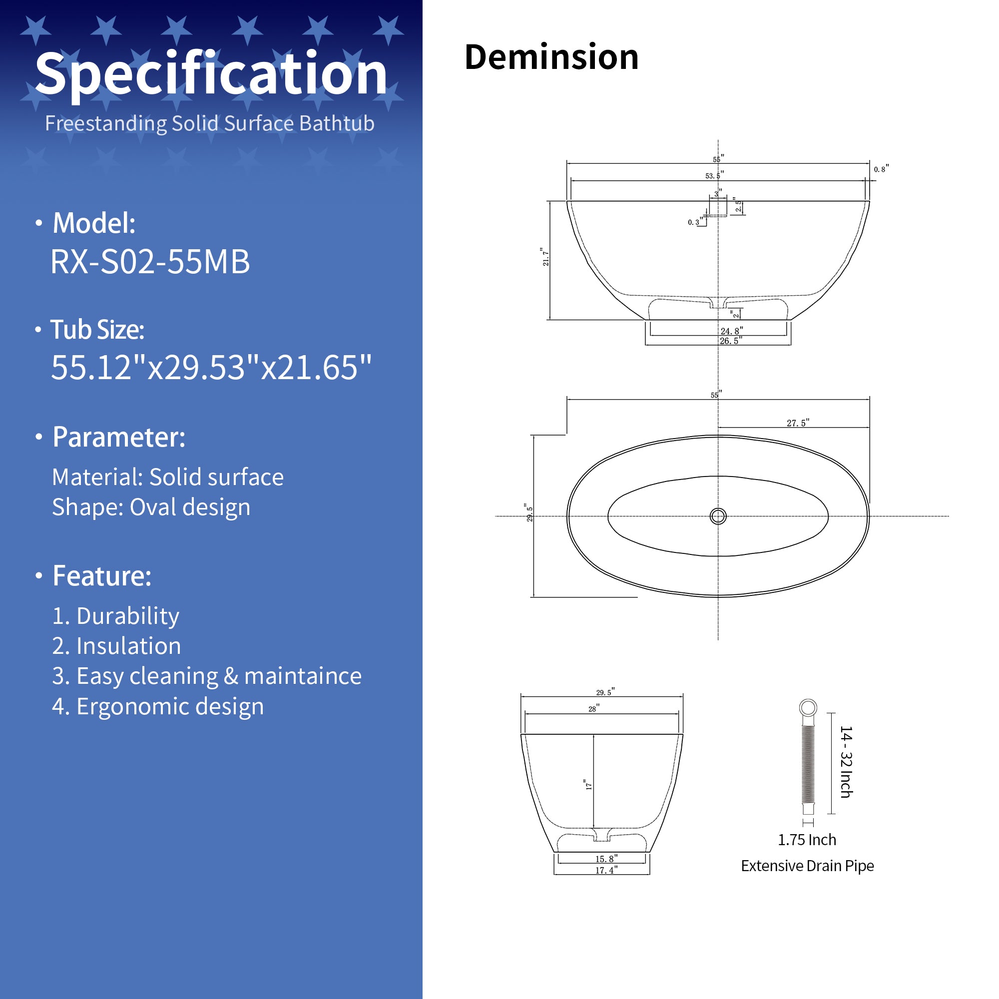 55" Oval Shaped Freestanding Solid Surface Soaking Bathtub with Overflow RX-S02-55MB