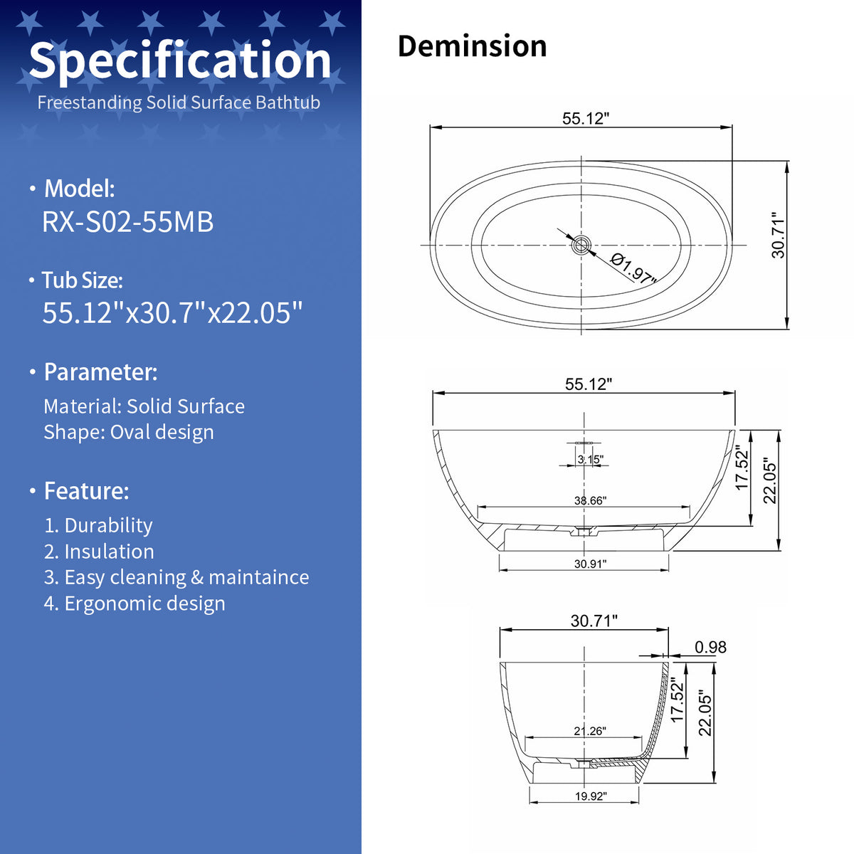 55 in. Oval Solid Surface Freestanding Bathtub, One-Piece Soaking Tub with Center Drain for Small to Medium Bathrooms