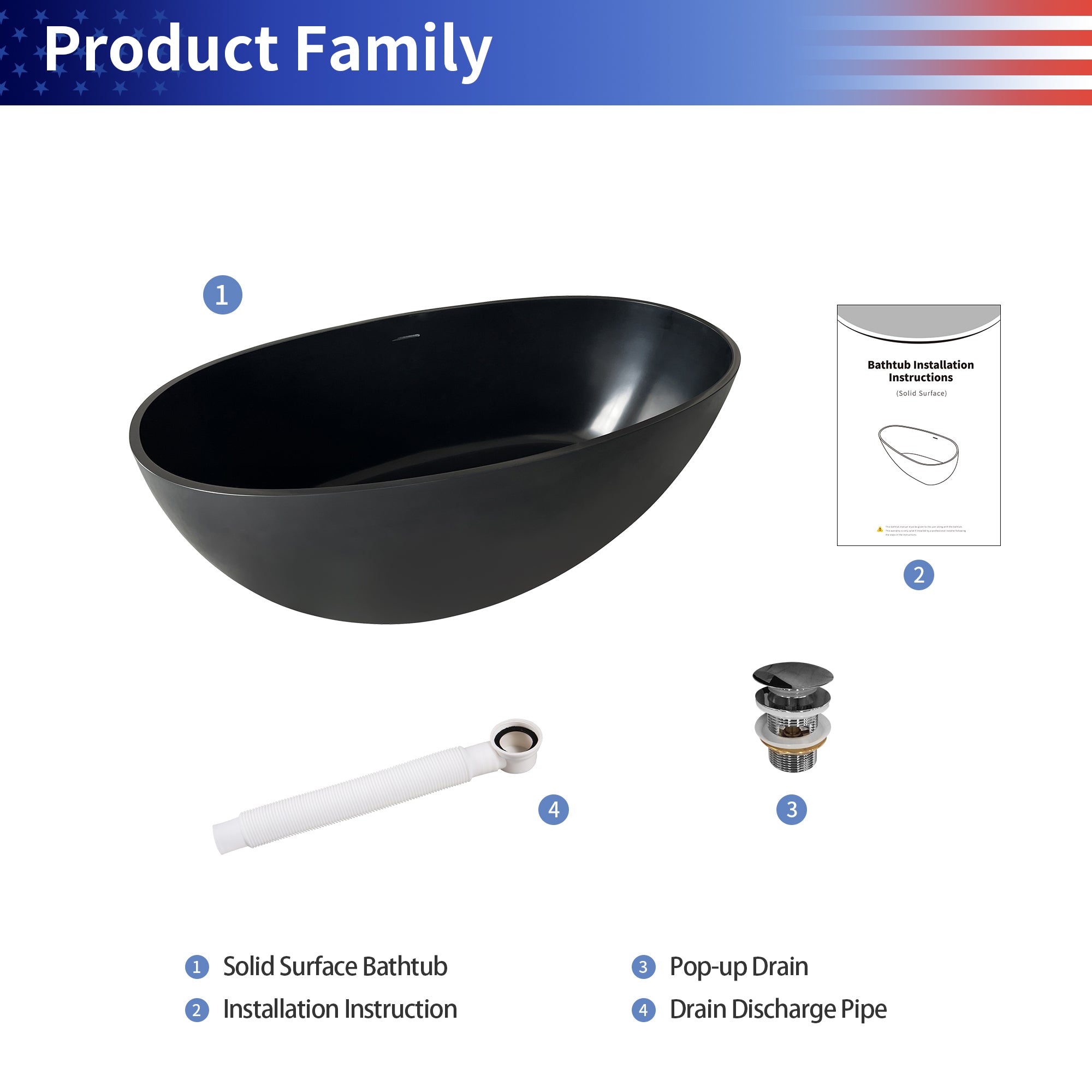 55" Oval Shaped Freestanding Solid Surface Soaking Bathtub with Overflow RX-S02-55MB