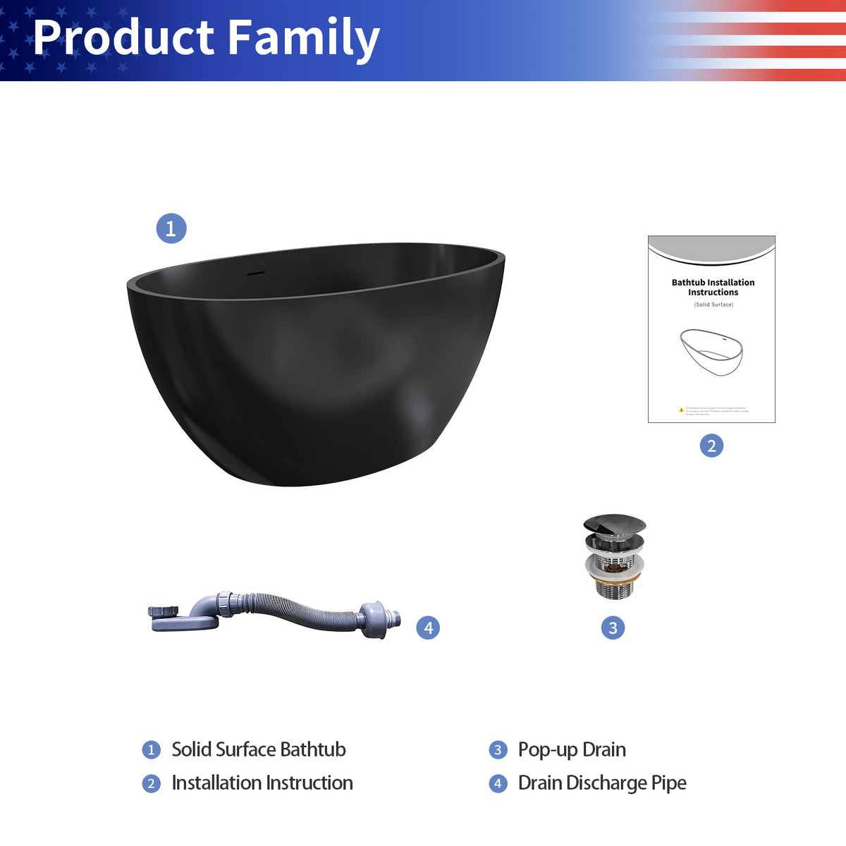 55 in. Oval Solid Surface Freestanding Bathtub, One-Piece Soaking Tub with Center Drain for Small to Medium Bathrooms