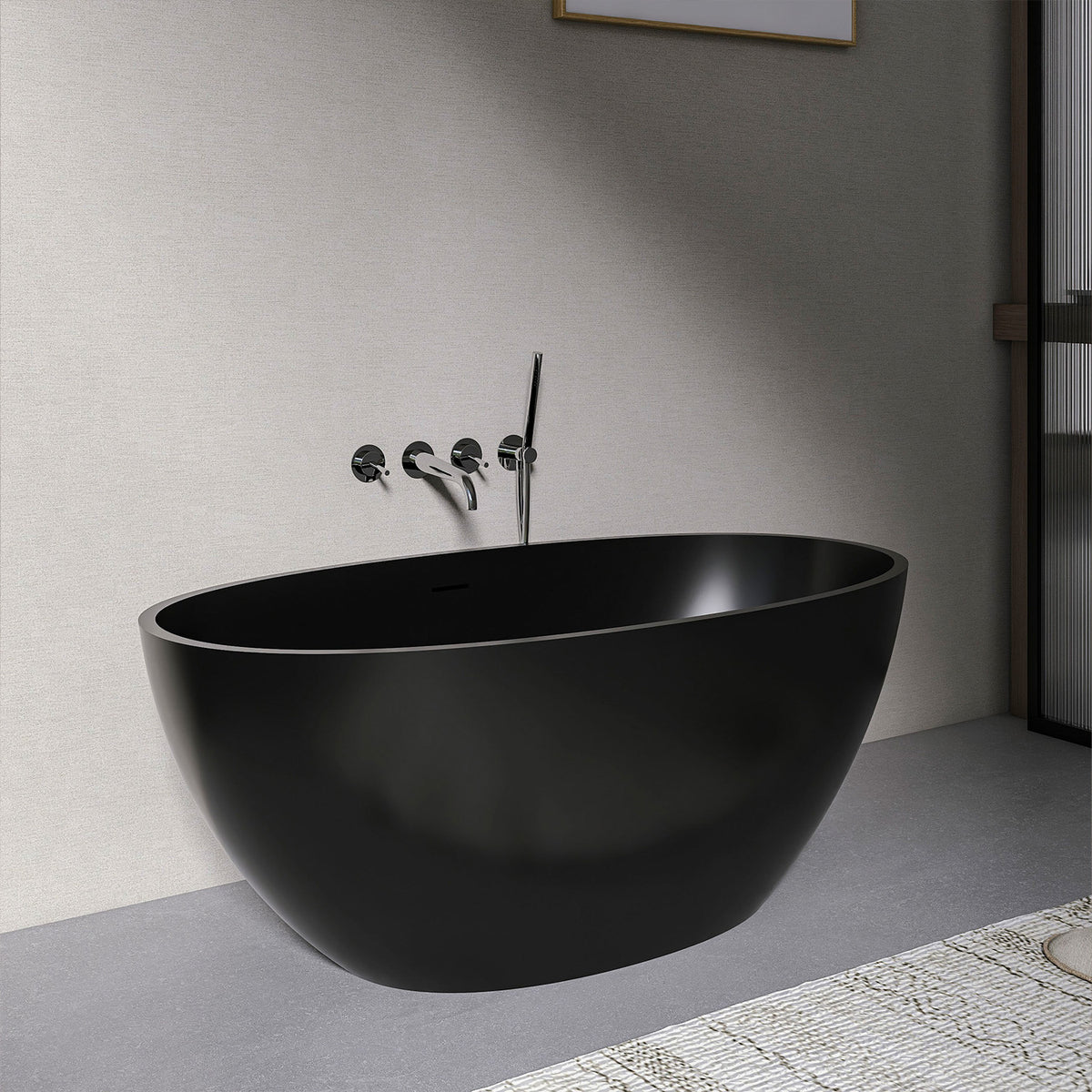 55 in. Oval Solid Surface Freestanding Bathtub, One-Piece Soaking Tub with Center Drain for Small to Medium Bathrooms