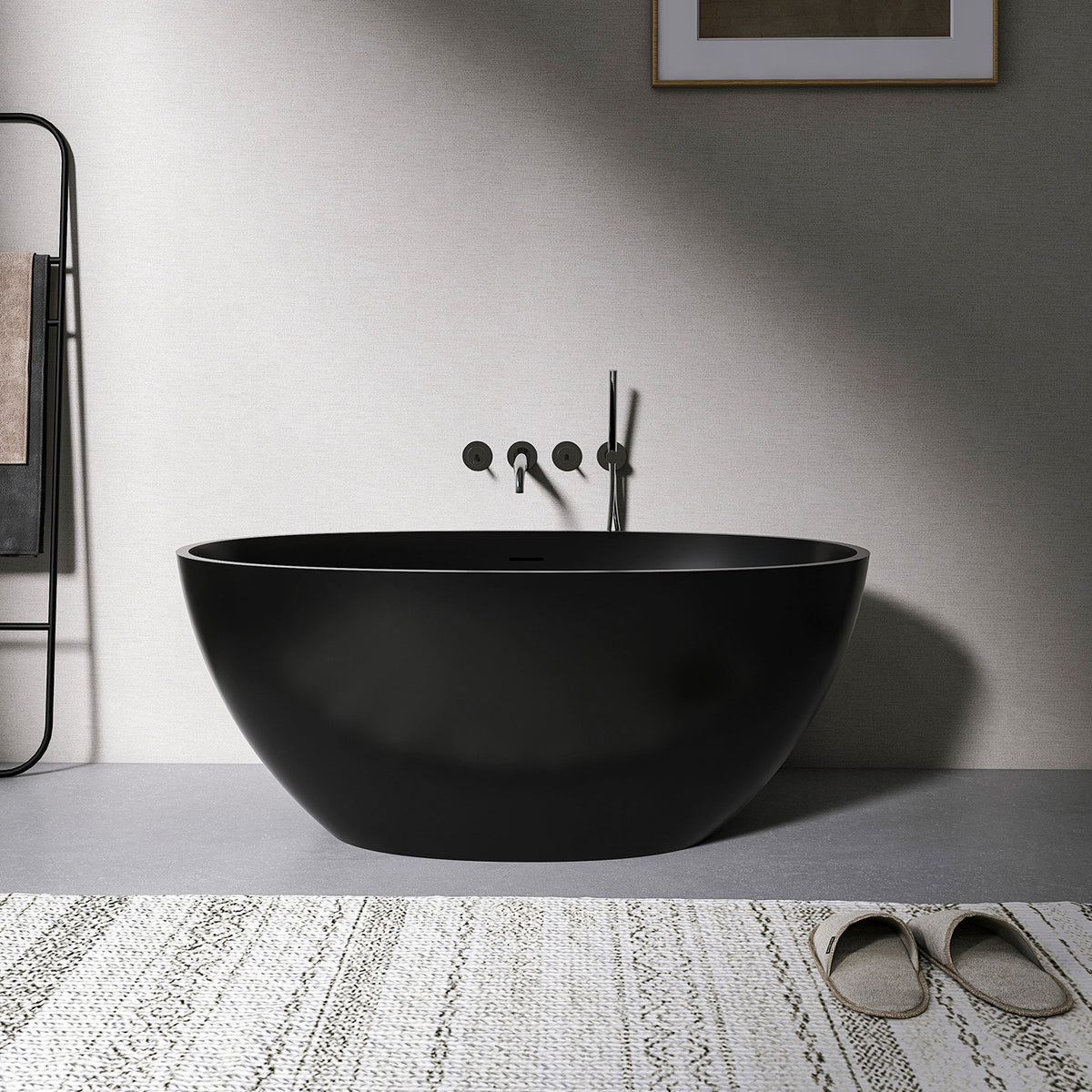 55 in. Oval Solid Surface Freestanding Bathtub, One-Piece Soaking Tub with Center Drain for Small to Medium Bathrooms