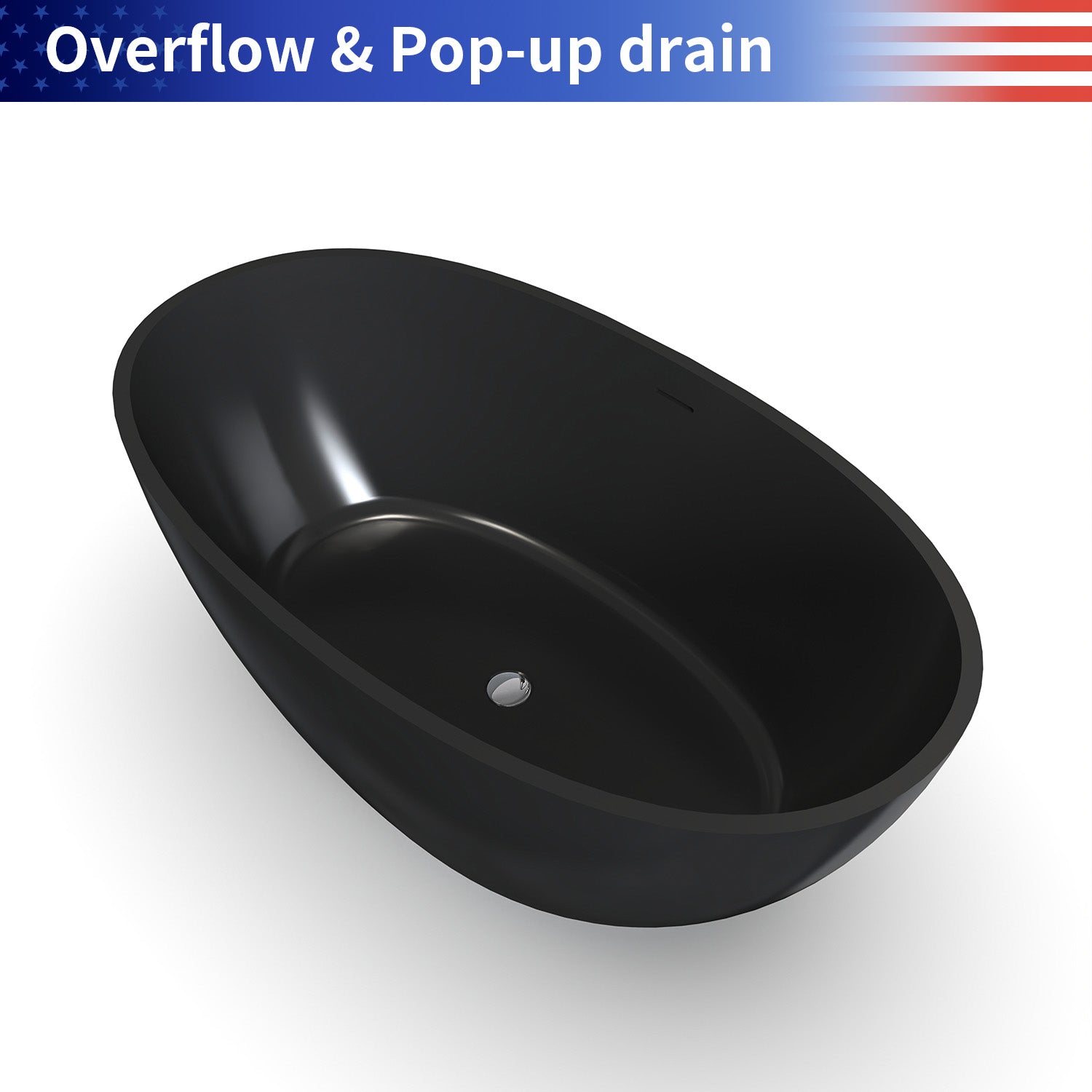 55 in. Oval Solid Surface Freestanding Bathtub, One-Piece Soaking Tub with Center Drain for Small to Medium Bathrooms