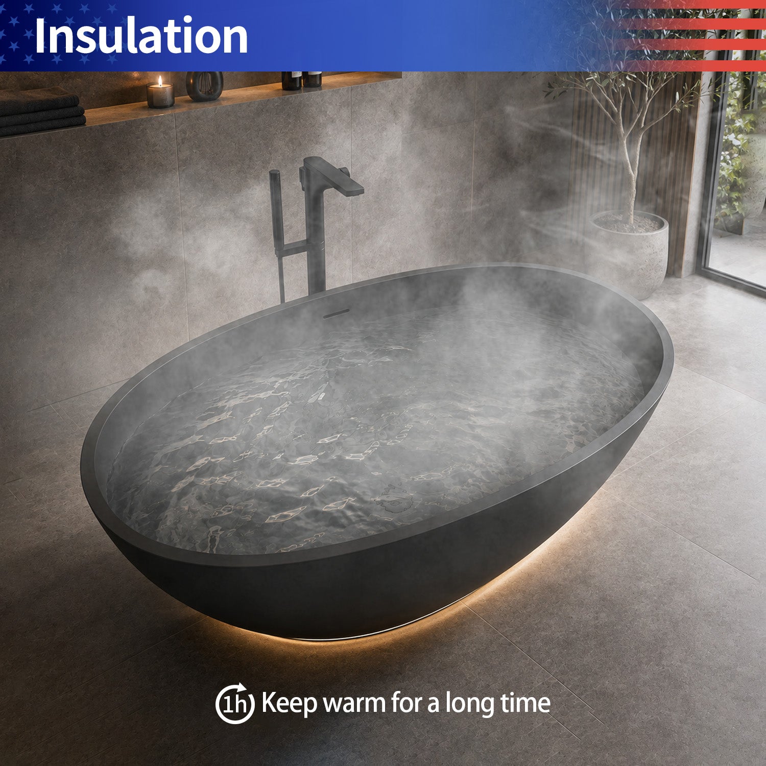 55 in. Oval Solid Surface Freestanding Bathtub, One-Piece Soaking Tub with Center Drain for Small to Medium Bathrooms
