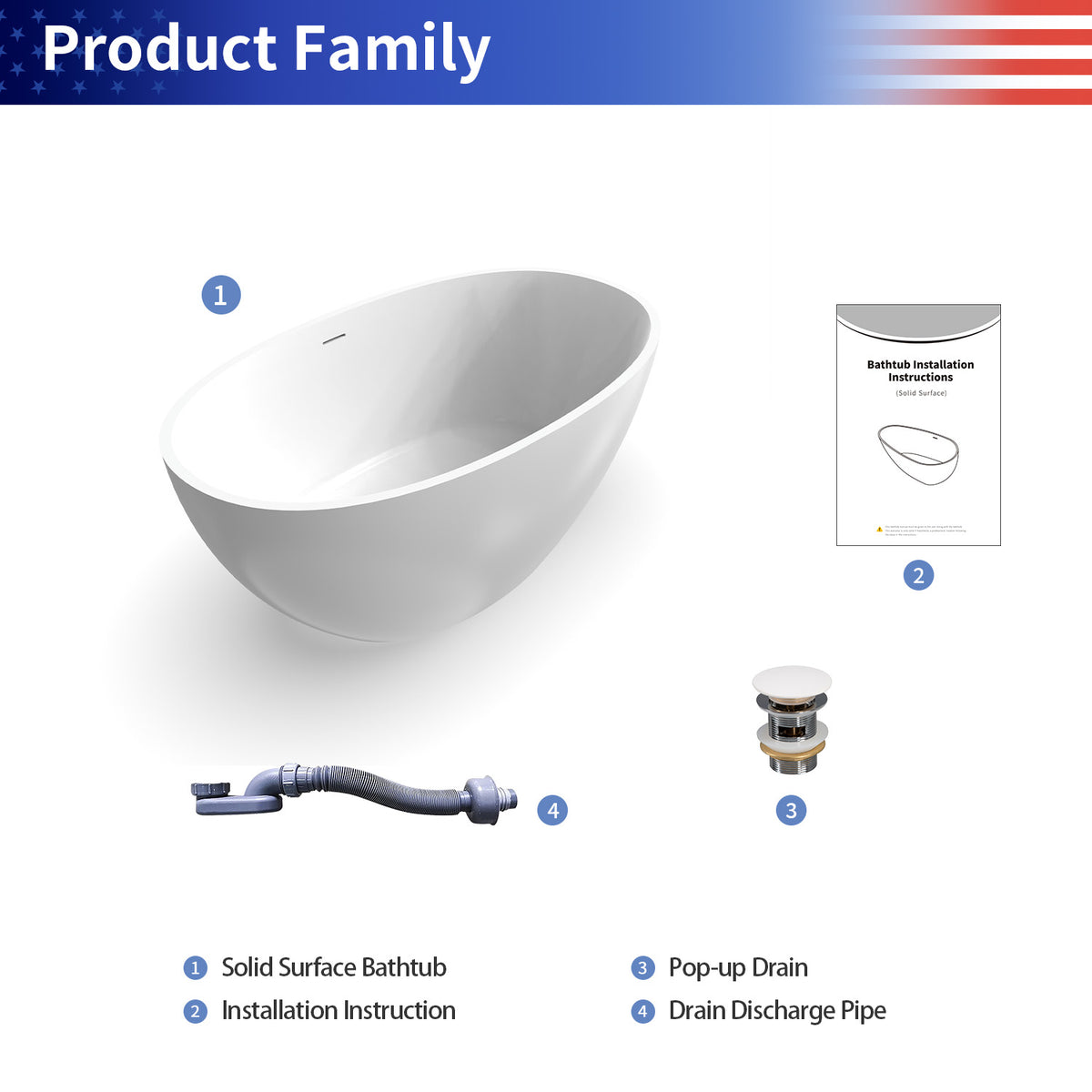 55 in. Oval Solid Surface Freestanding Bathtub, One-Piece Soaking Tub with Center Drain for Small to Medium Bathrooms