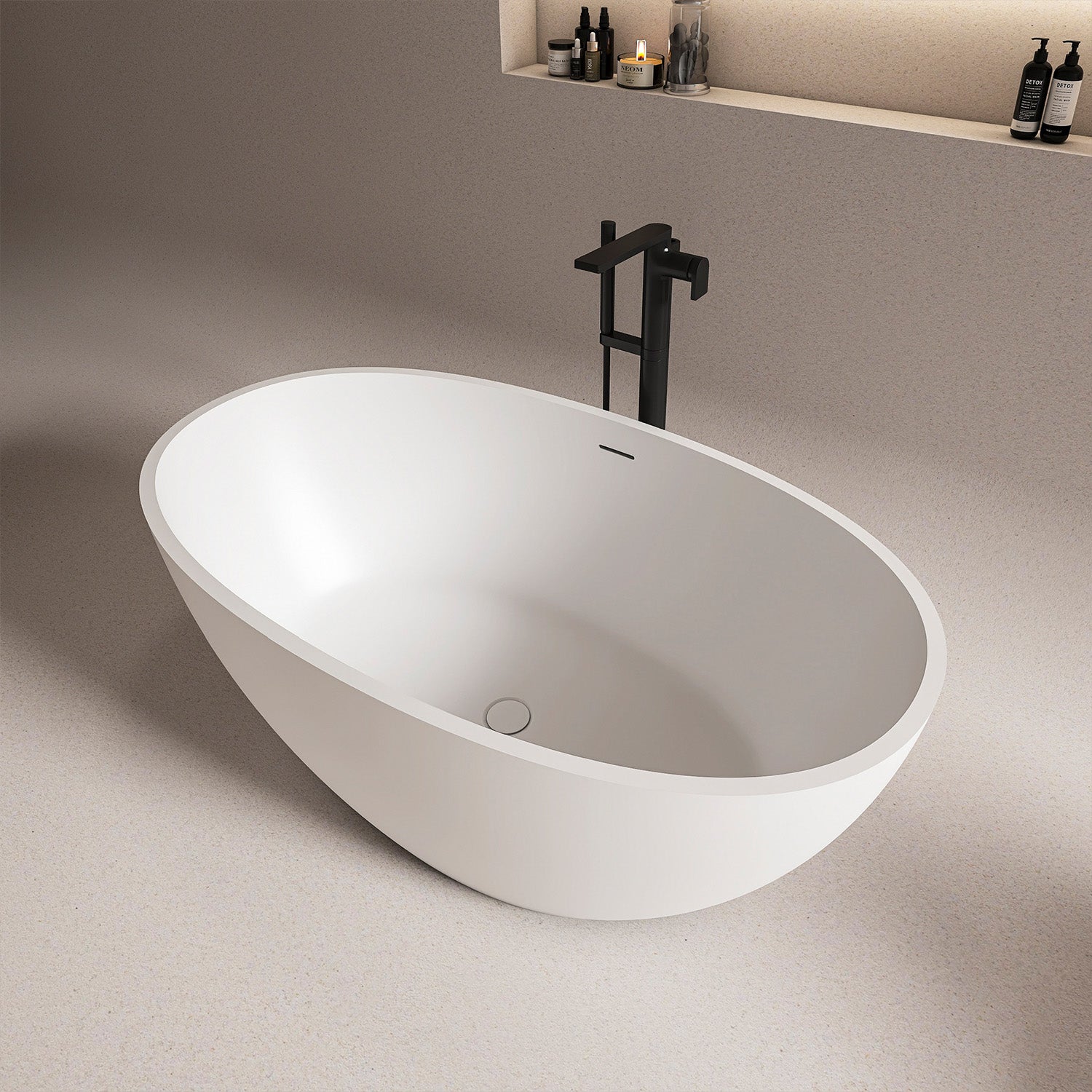 55 in. Oval Solid Surface Freestanding Bathtub, One-Piece Soaking Tub with Center Drain for Small to Medium Bathrooms