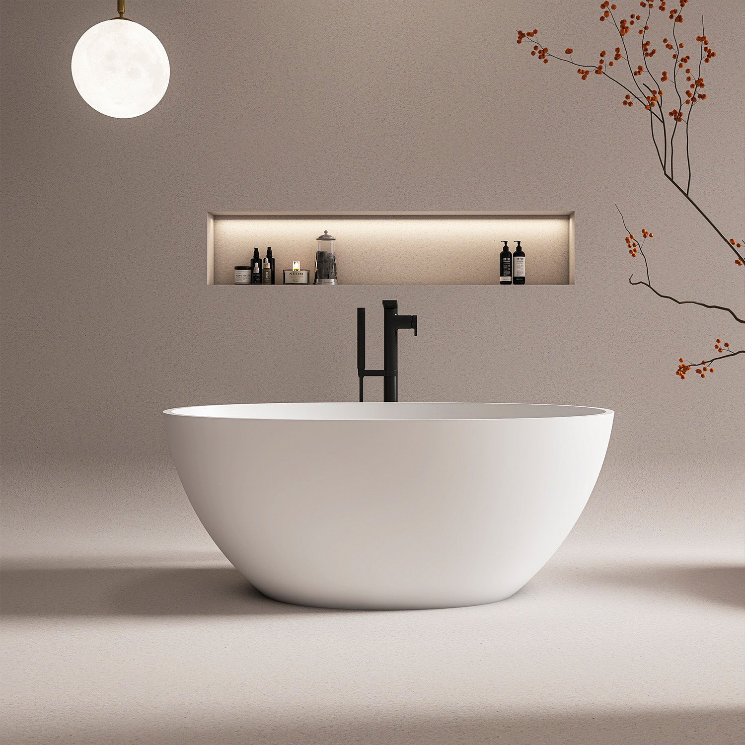 55 in. Oval Solid Surface Freestanding Bathtub, One-Piece Soaking Tub with Center Drain for Small to Medium Bathrooms