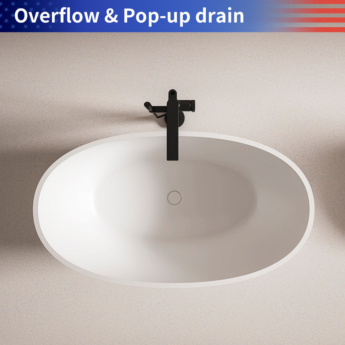 55 in. Oval Solid Surface Freestanding Bathtub, One-Piece Soaking Tub with Center Drain for Small to Medium Bathrooms