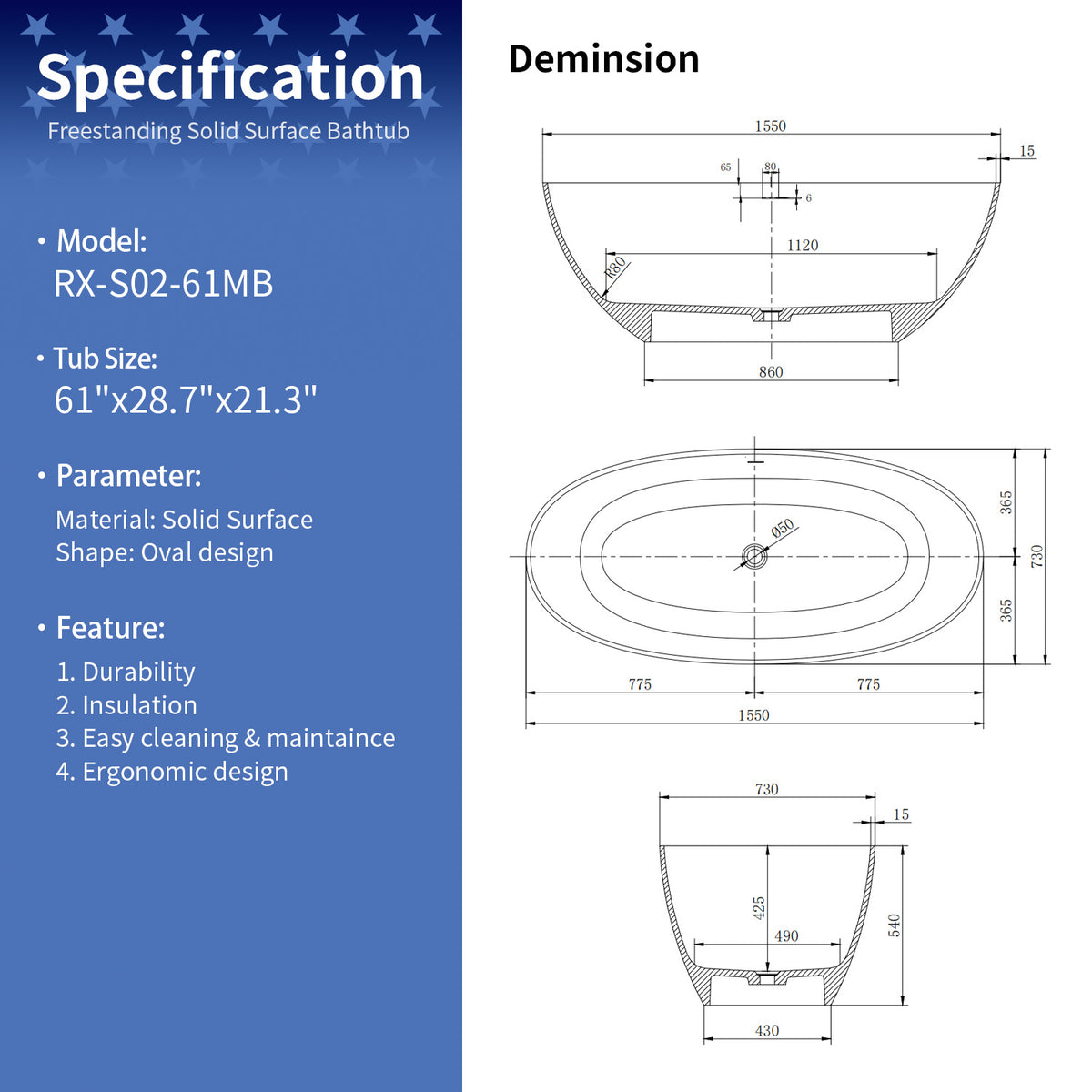 61 in. Oval Solid Surface Freestanding Soaking Bathtub with Overflow, Matte Black