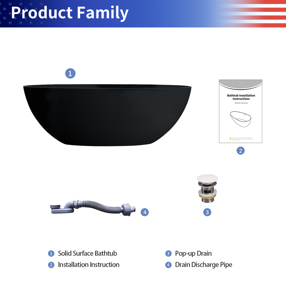 61 in. Oval Solid Surface Freestanding Soaking Bathtub with Overflow, Matte Black