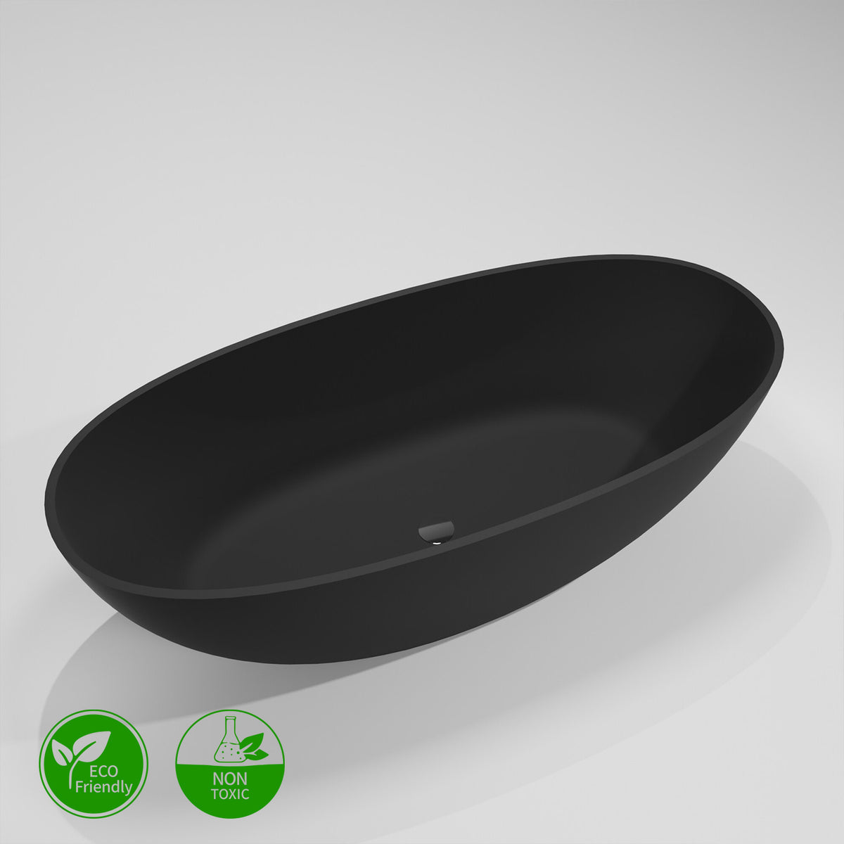 61 in. Oval Solid Surface Freestanding Soaking Bathtub with Overflow, Matte Black