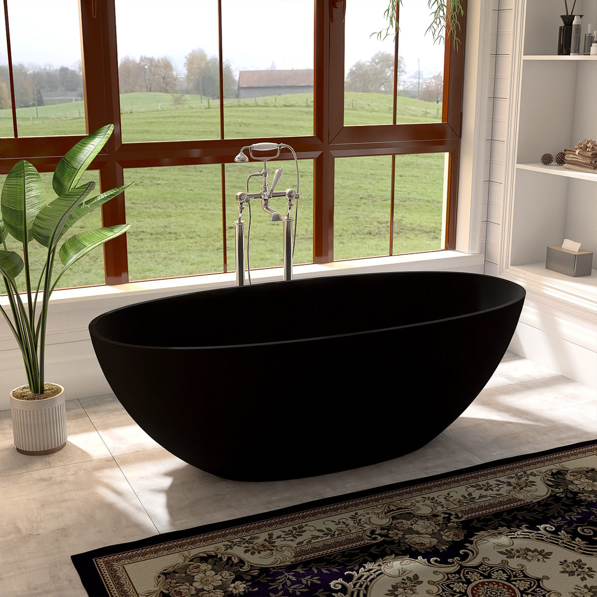 61 in. Oval Solid Surface Freestanding Soaking Bathtub with Overflow, Matte Black