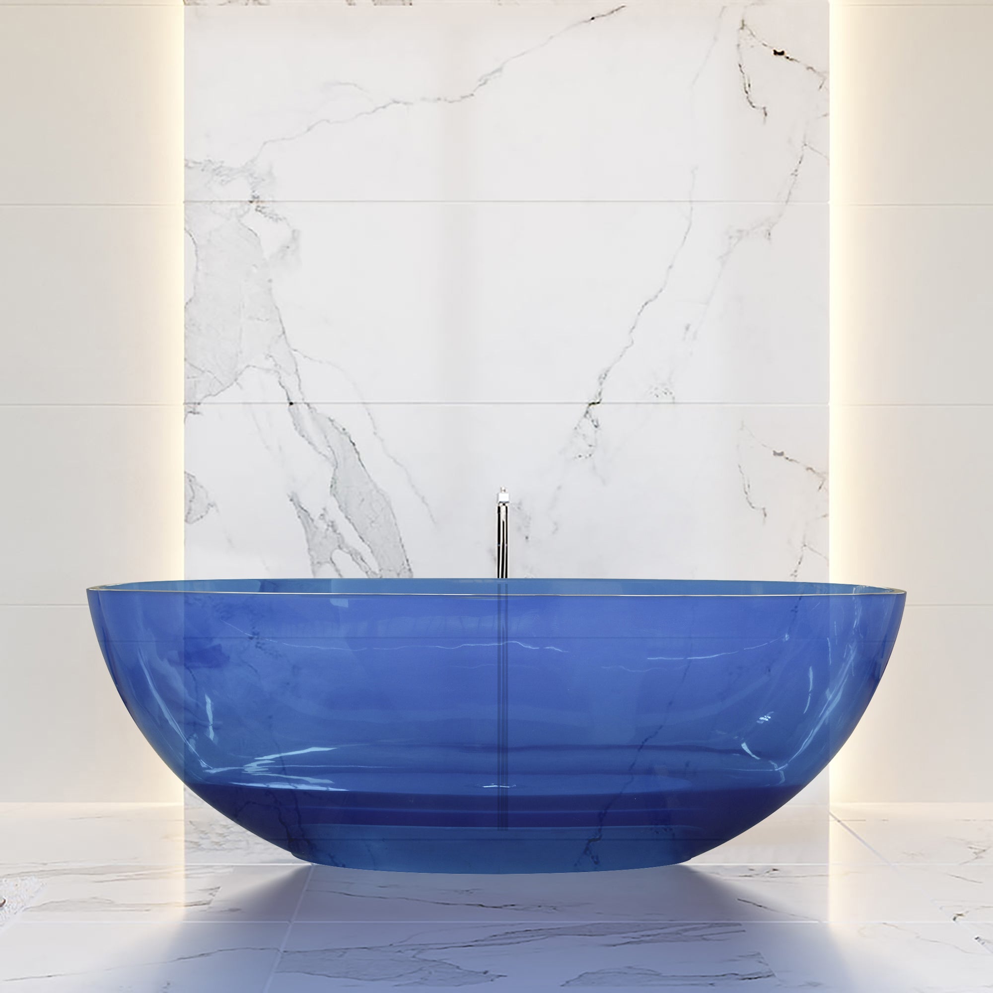 64" Oval Transparent Blue Solid Surface Freestanding Soaking Bathtub