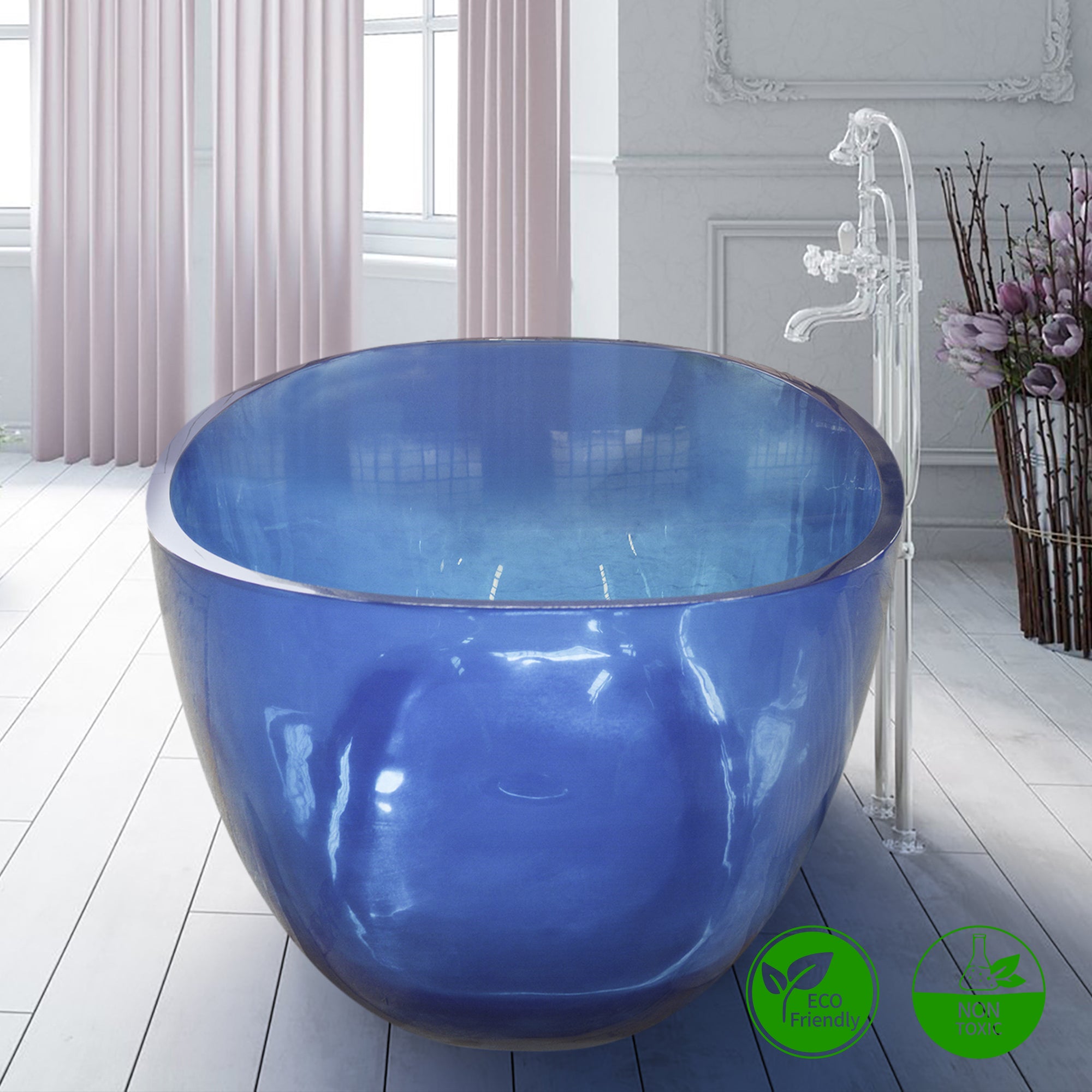 64" Oval Transparent Blue Solid Surface Freestanding Soaking Bathtub