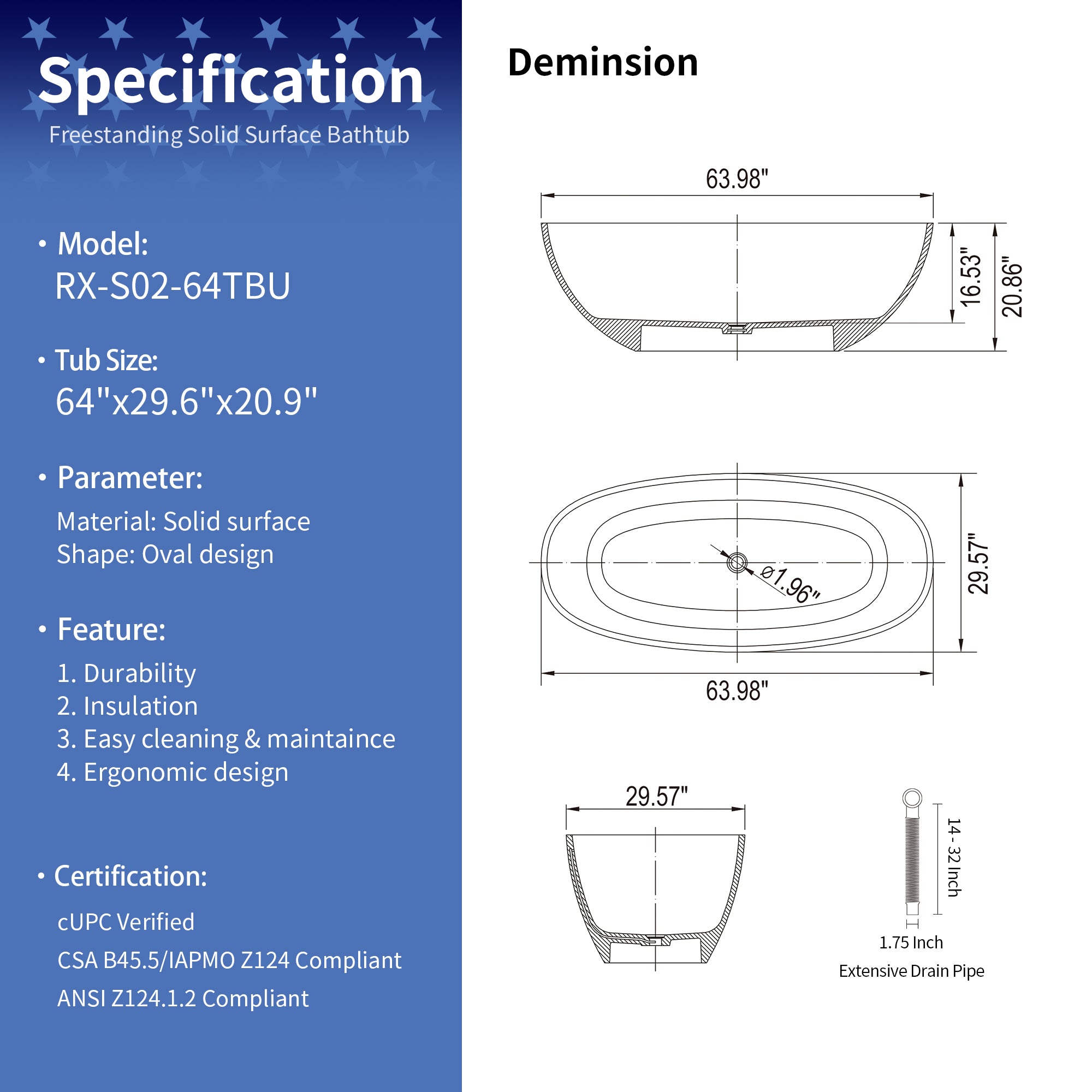 64" Oval Transparent Blue Solid Surface Freestanding Soaking Bathtub