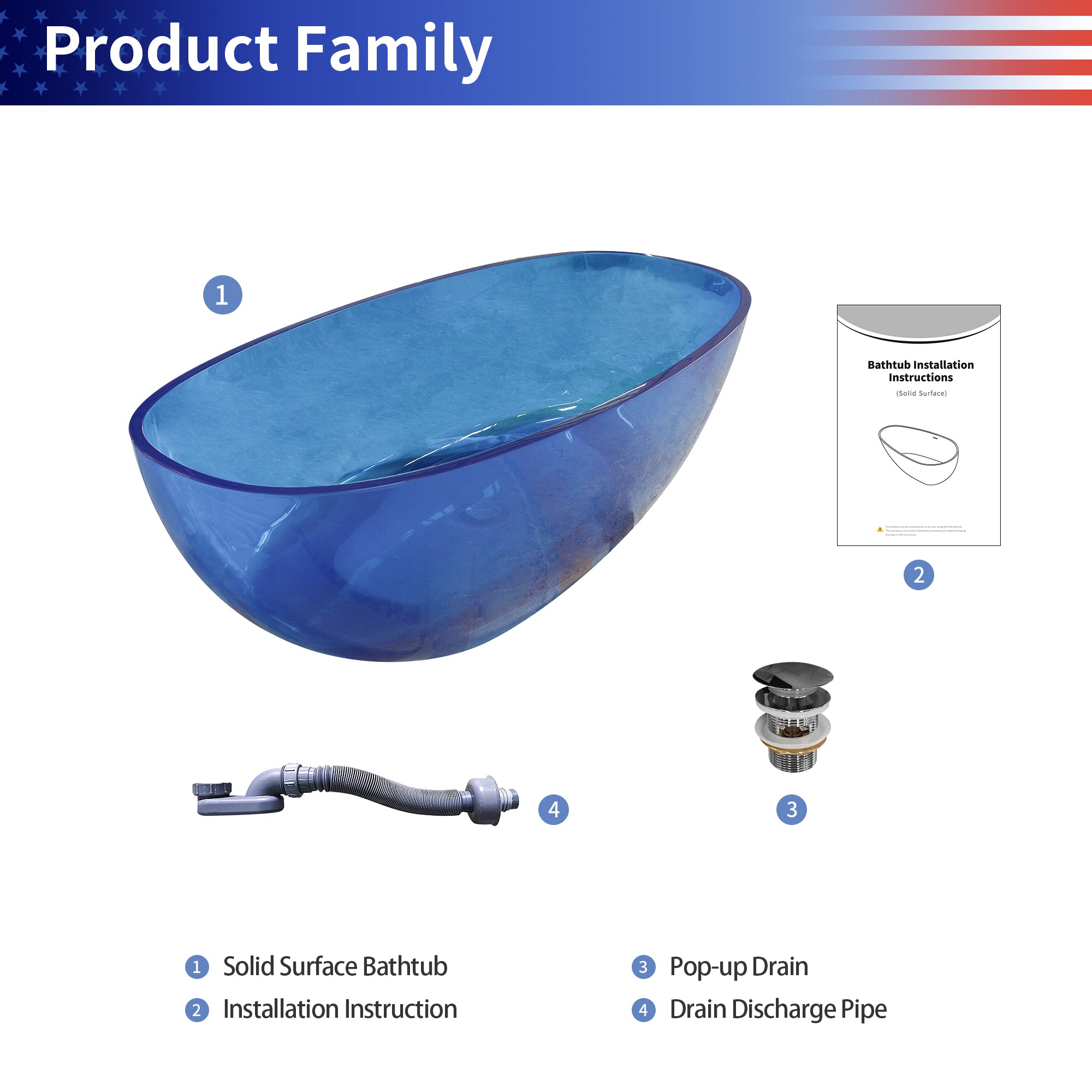 64" Oval Transparent Blue Solid Surface Freestanding Soaking Bathtub