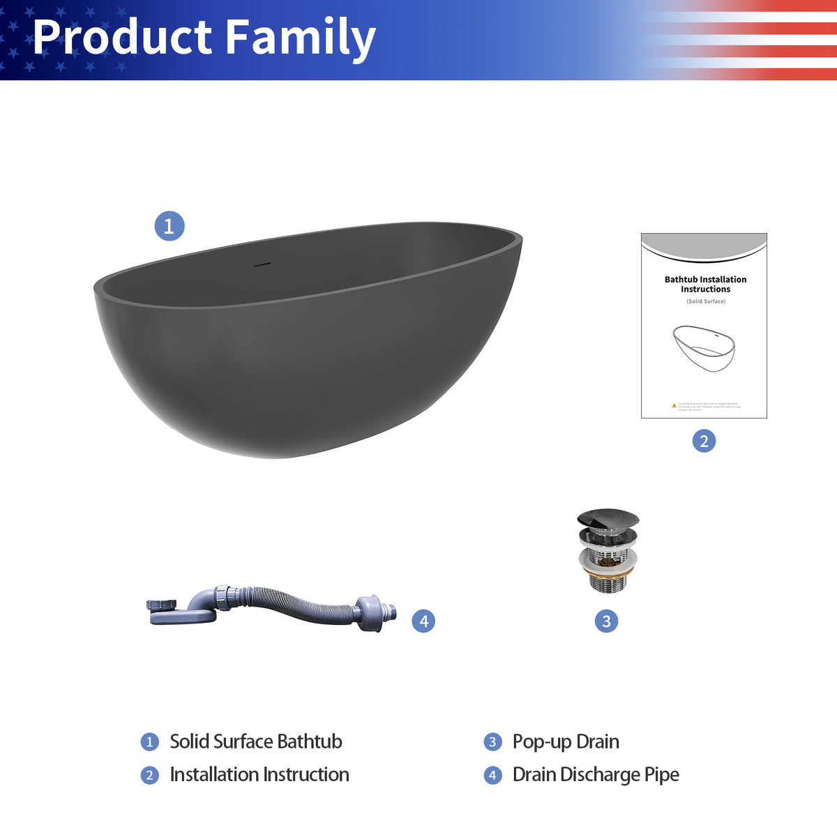 RAINLEX 65 in. Dark Gray Oval Solid Surface Freestanding Bathtub
