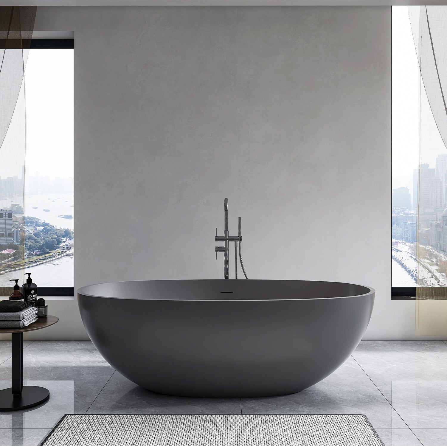 65 in. Dark Gray Oval Solid Surface Freestanding Bathtub, One-Piece Stone Resin Soaking Tub with Center Drain for Modern Bathrooms